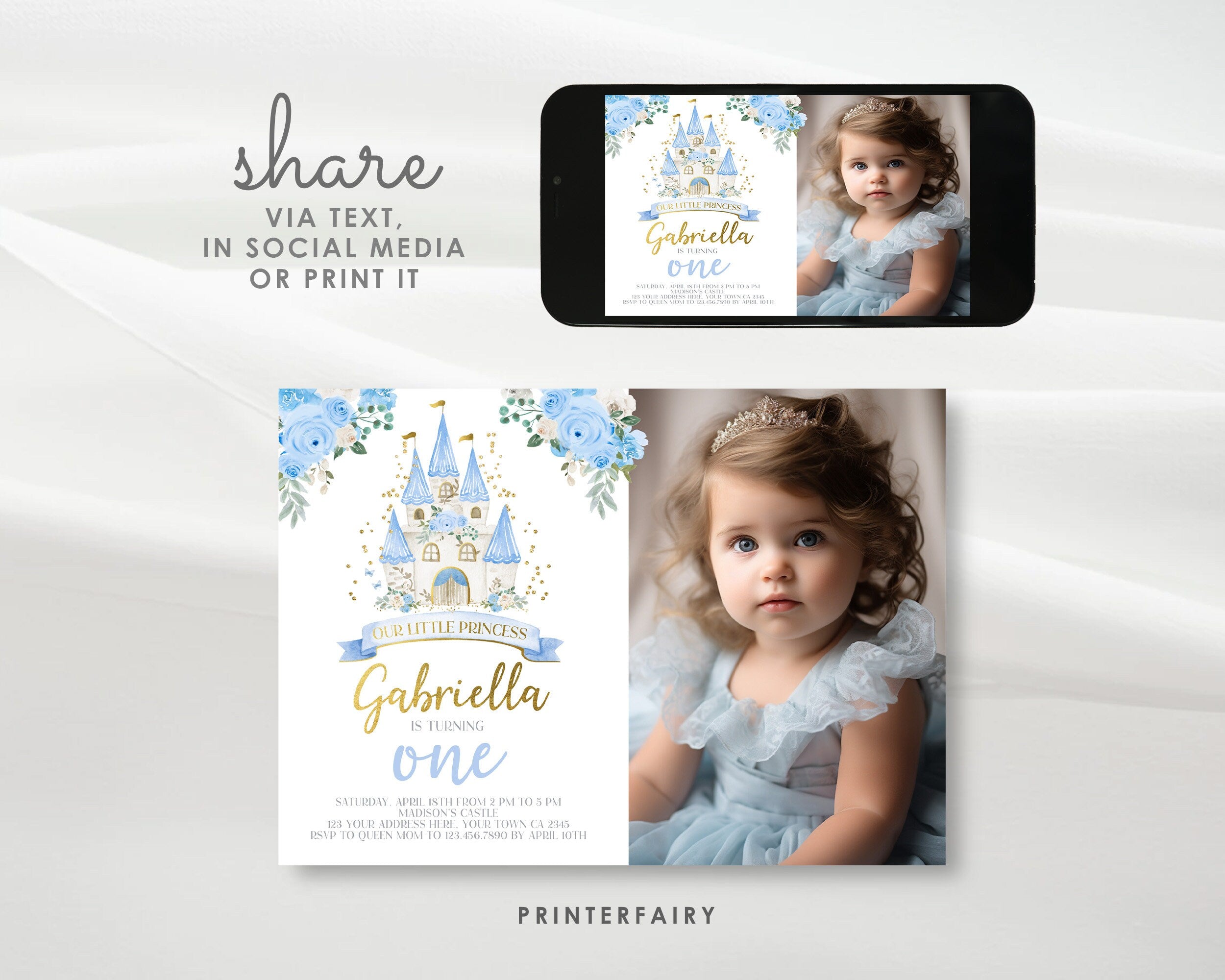 Blue Princess Castle First Birthday Photo Invitation (Editable in Corjl)