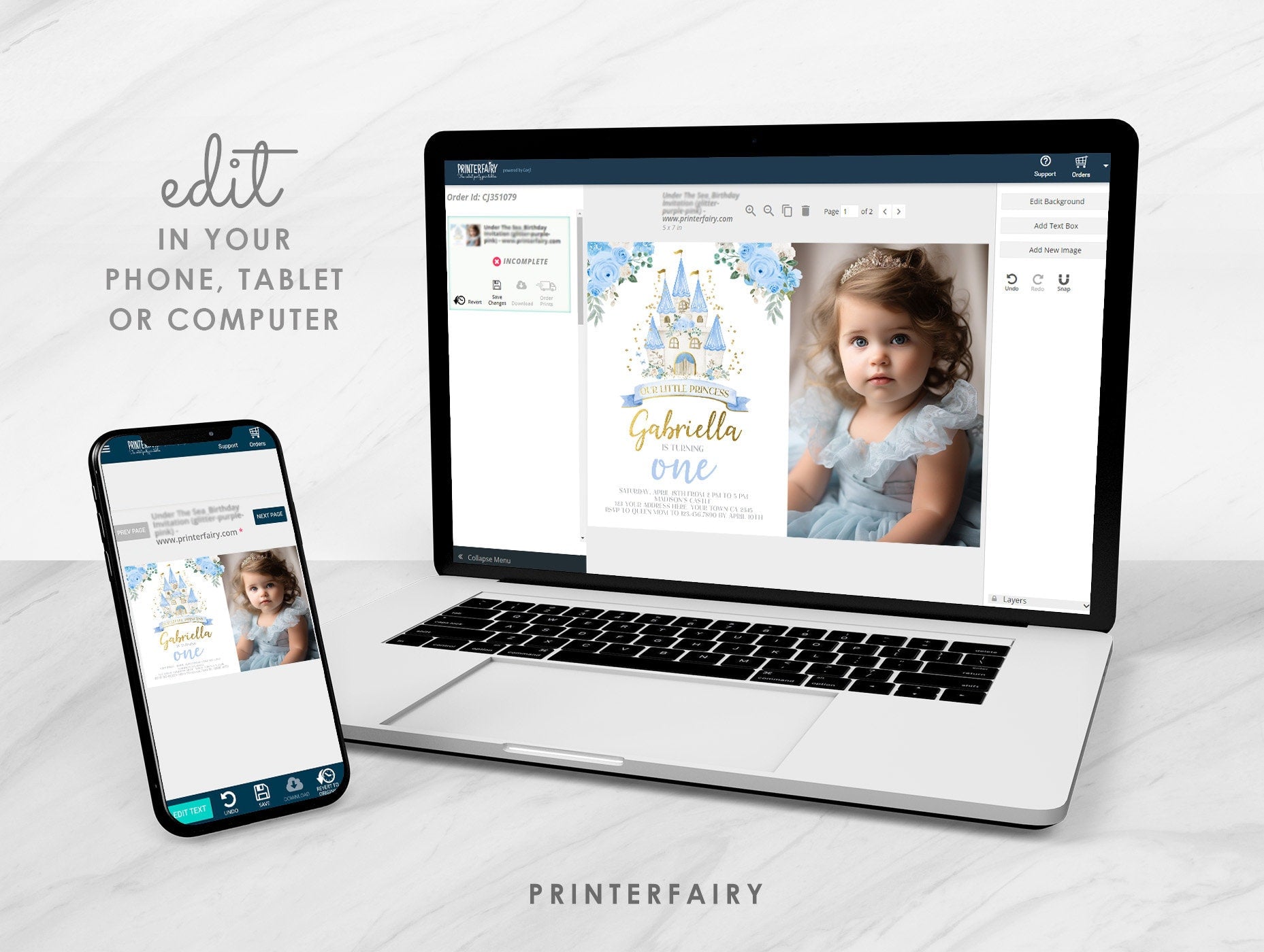Blue Princess Castle First Birthday Photo Invitation (Editable in Corjl)