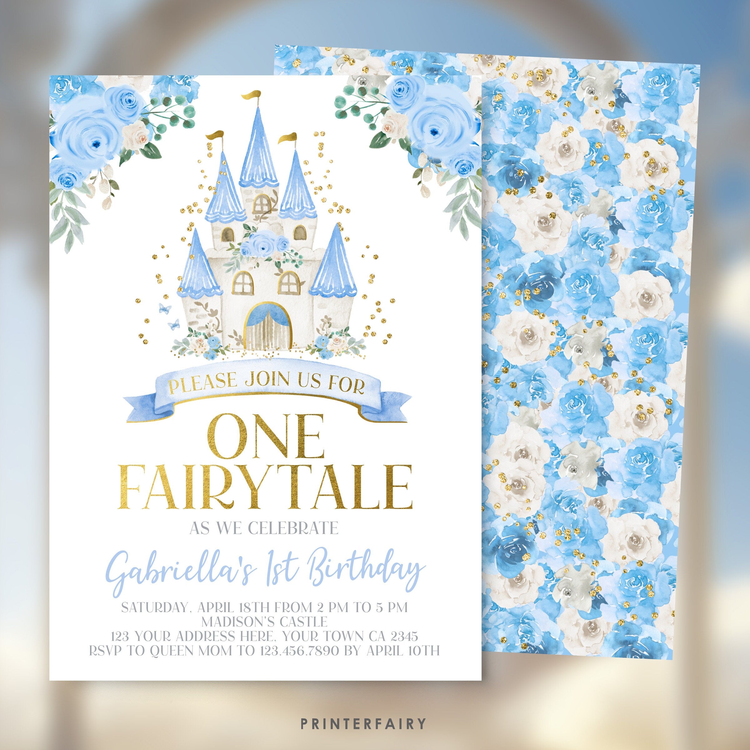 Cinderella 1st Birthday Invitation, Blue Princess Castle (Instant Download)