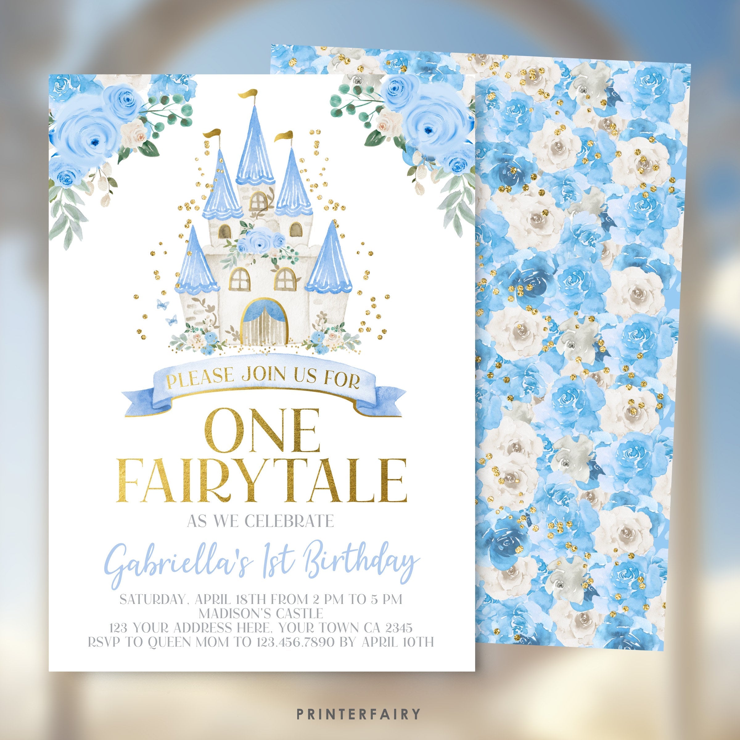Cinderella 1st Birthday Invitation, Blue Princess Castle (Instant Download)