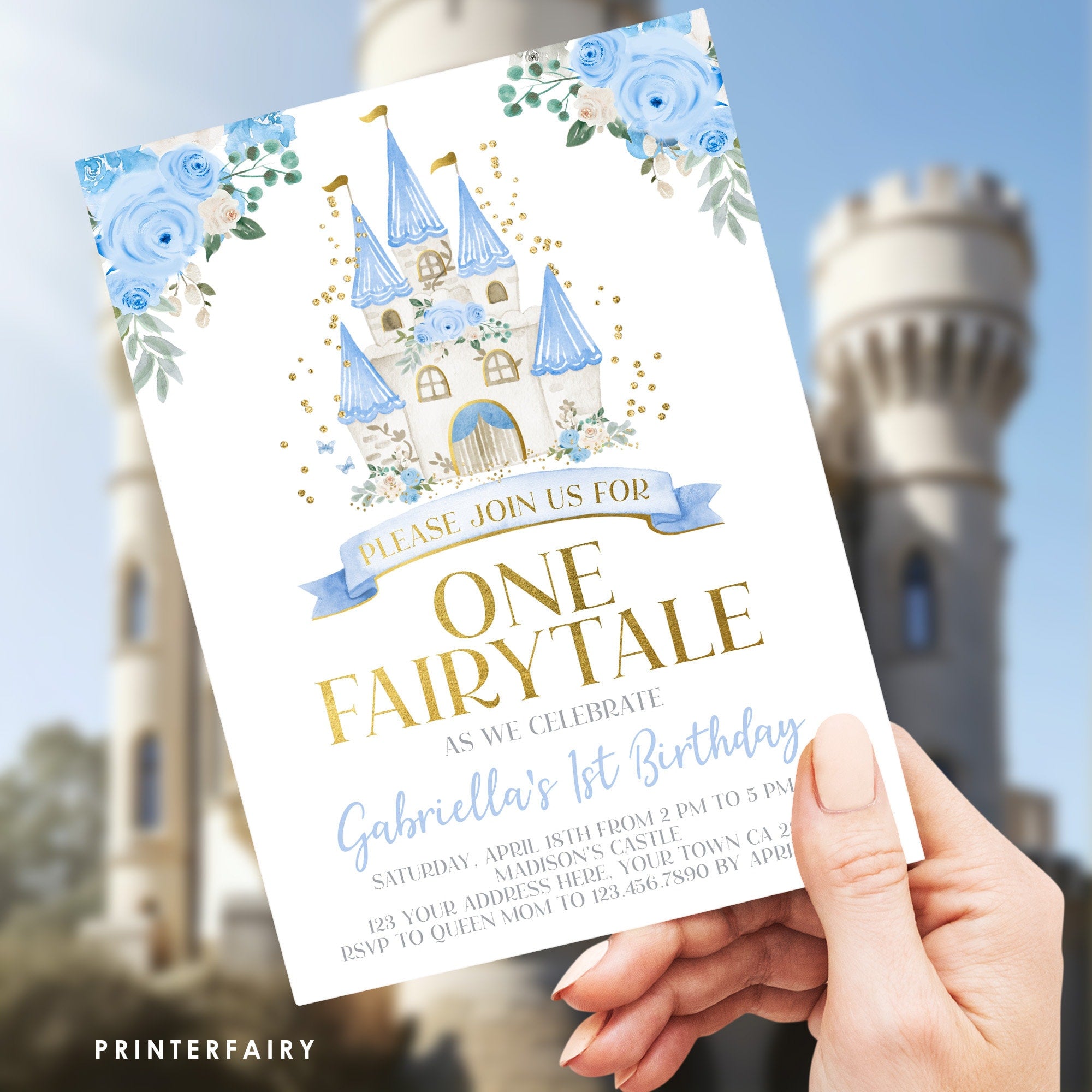 Cinderella 1st Birthday Invitation, Blue Princess Castle (Instant Download)