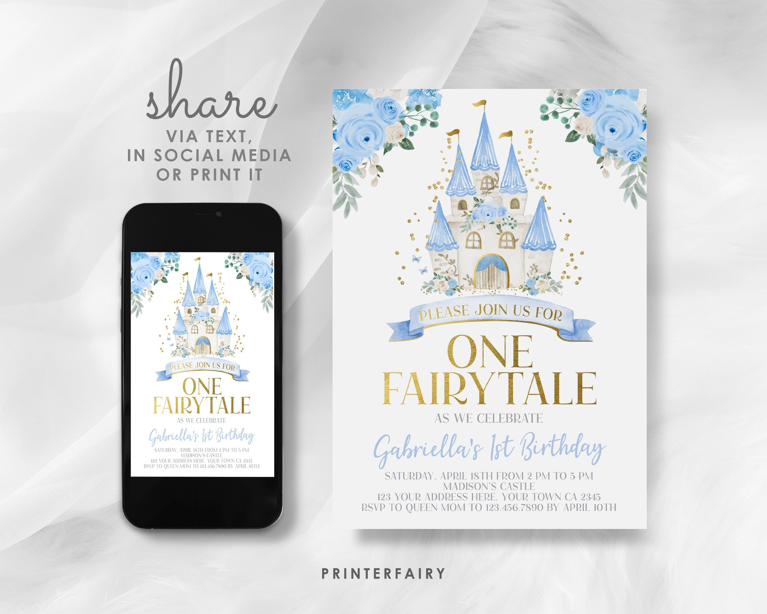 Cinderella 1st Birthday Invitation, Blue Princess Castle (Instant Download)
