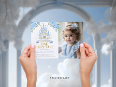 Blue Princess 1st Birthday Invitation with Photo (Editable Template)