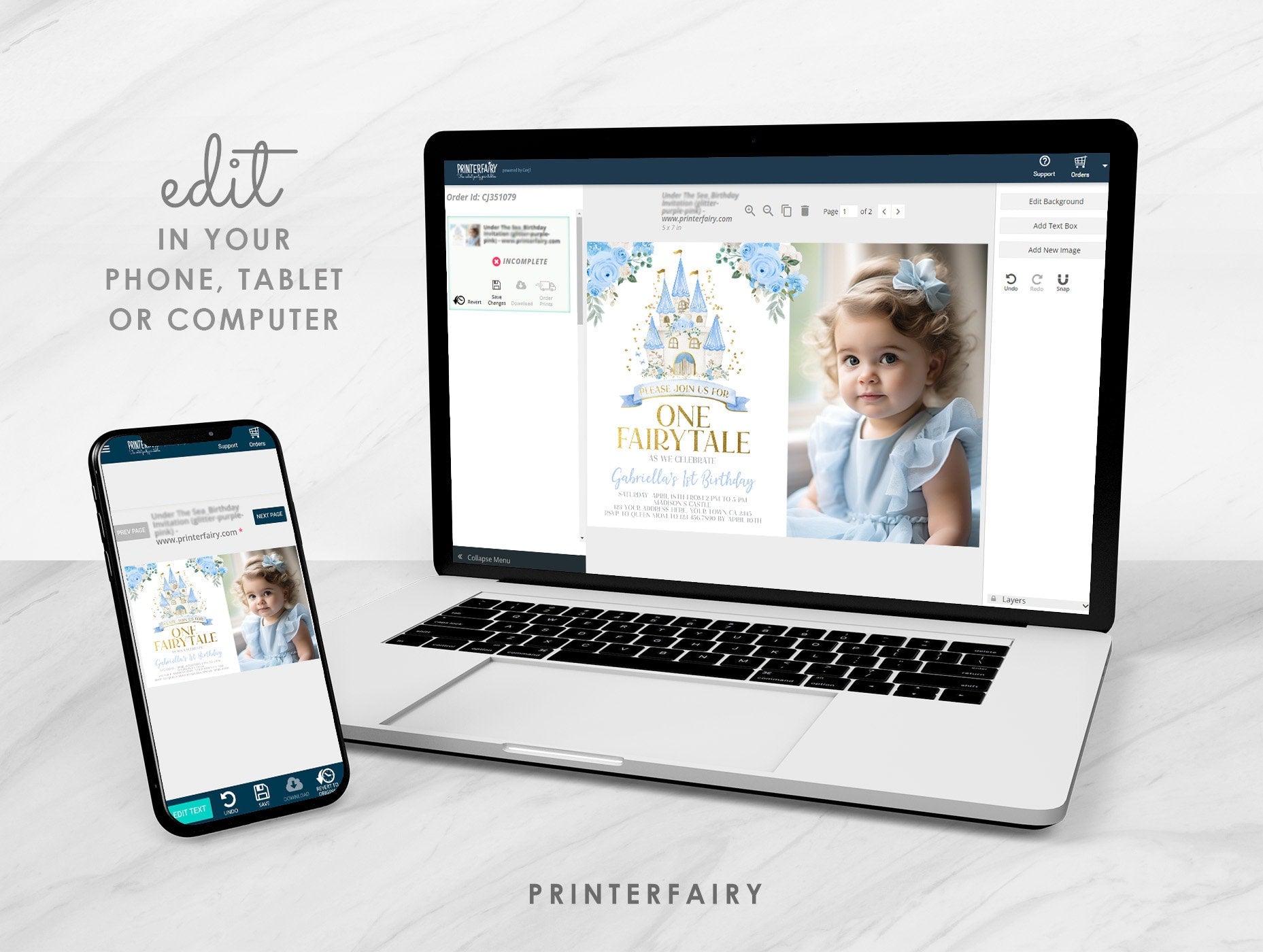 Blue Princess 1st Birthday Invitation with Photo (Editable Template)