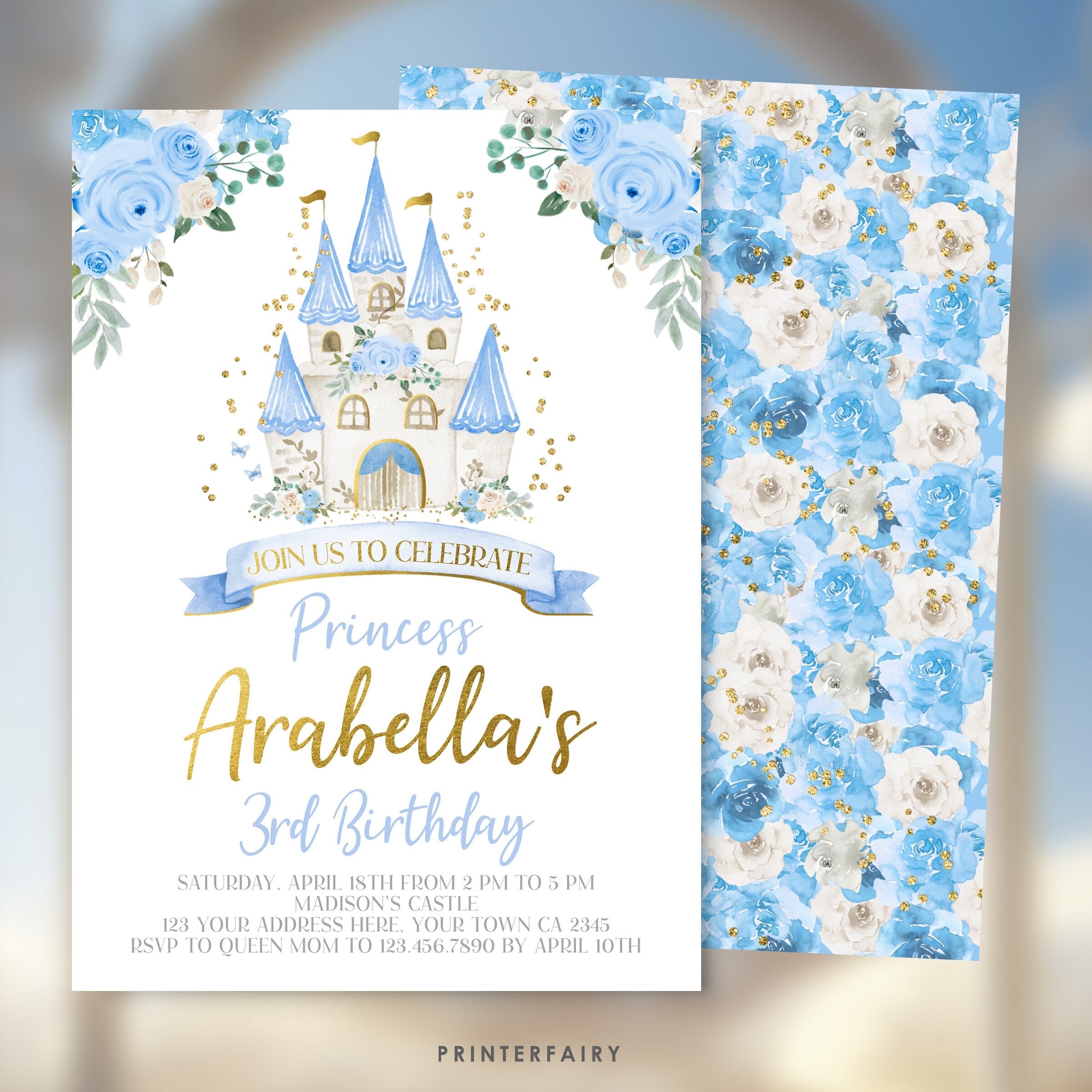 Cinderella Birthday Invitation, Floral Princess Castle, Editable Printable (Digital)