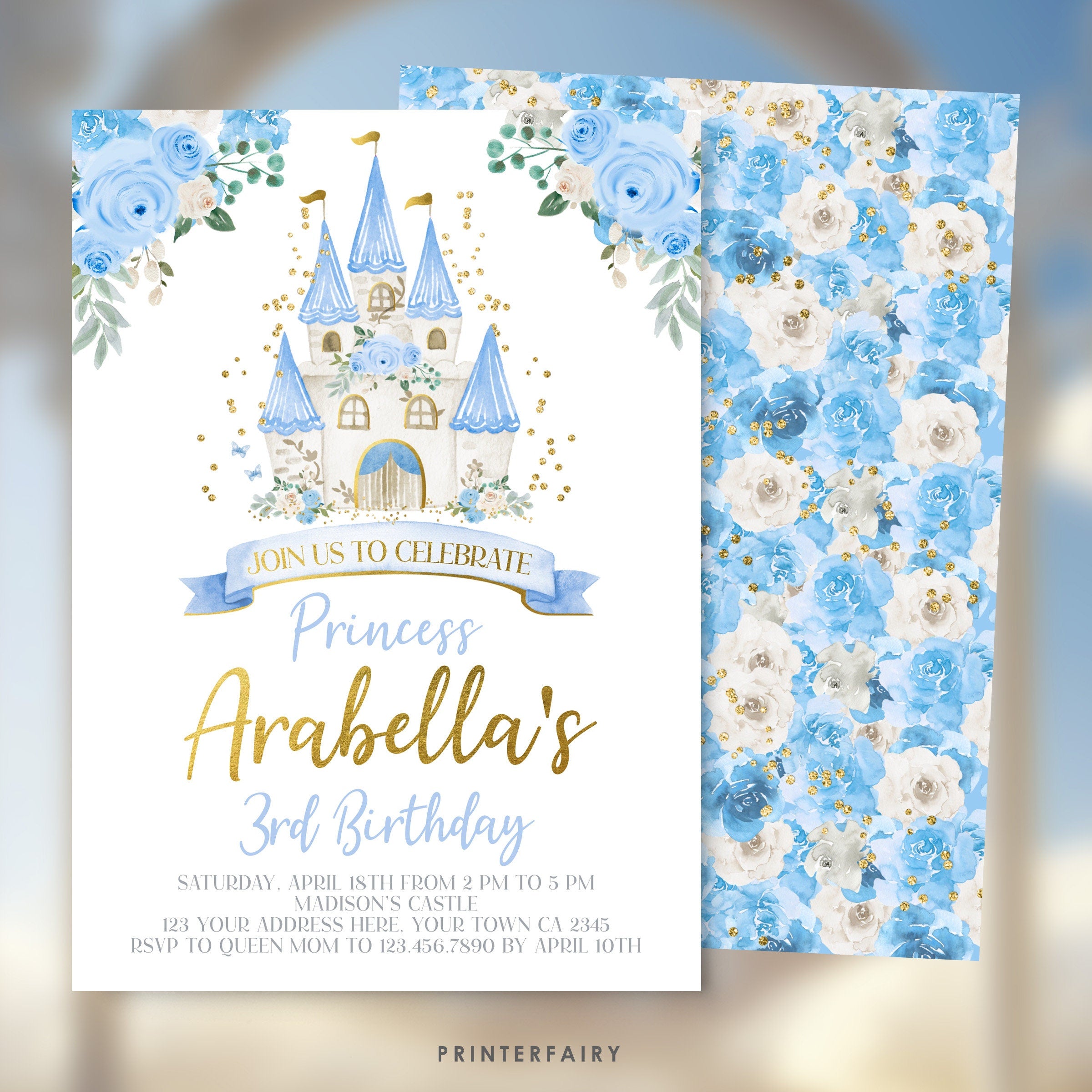 Cinderella Birthday Invitation, Floral Princess Castle, Editable Printable (Digital)