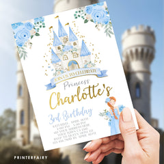 Princess Castle Birthday Invitation, Light Blue & Gold Template (INSTANT DOWNLOAD)