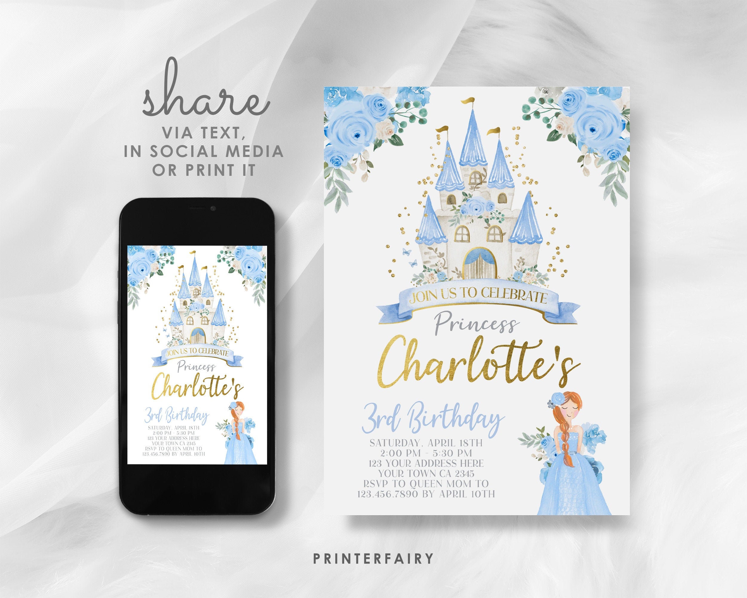 Princess Castle Birthday Invitation, Light Blue & Gold Template (INSTANT DOWNLOAD)