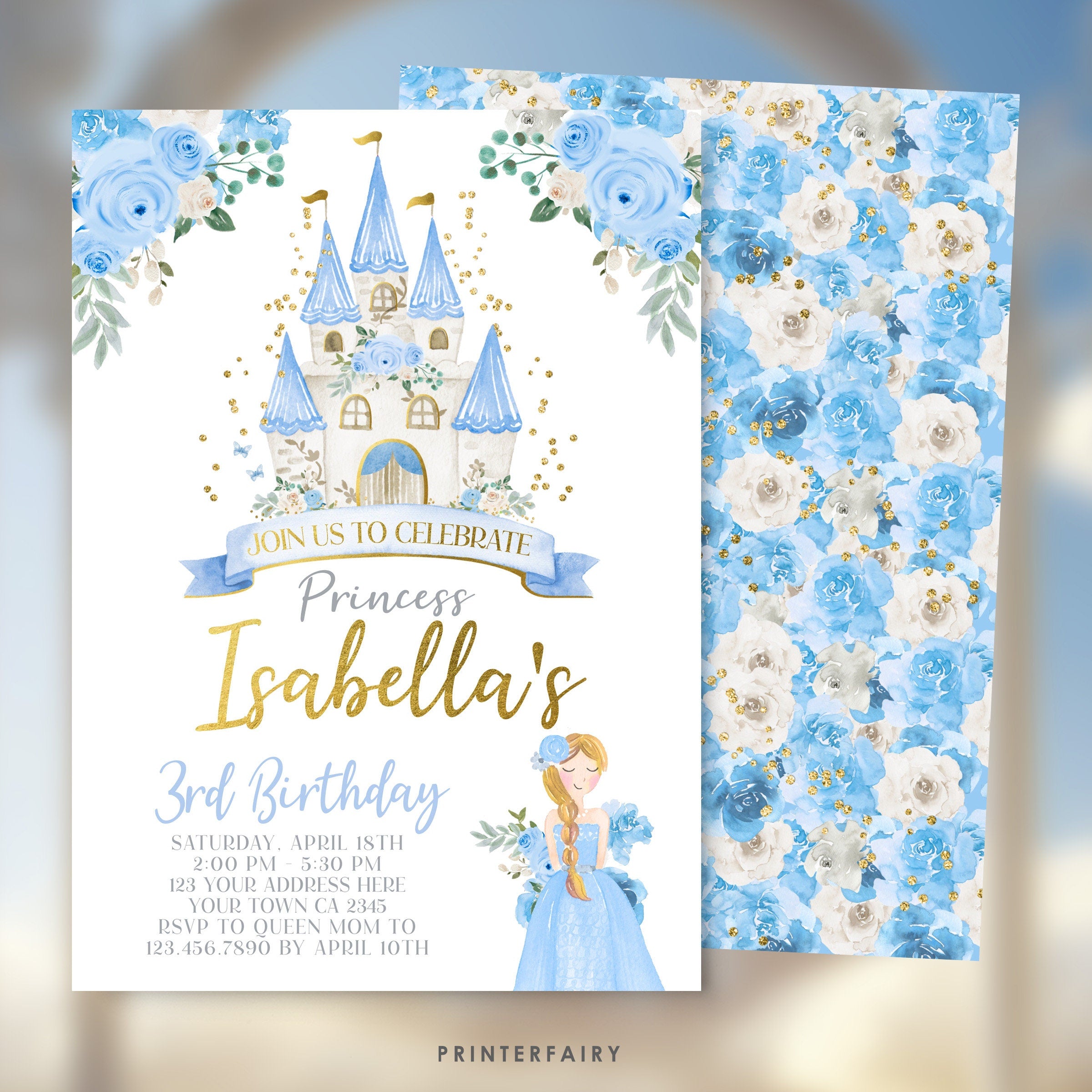 Princess Castle Birthay Party Digital Editable Printable Invitation, Light Blue and Gold, INSTANT DOWNLOAD