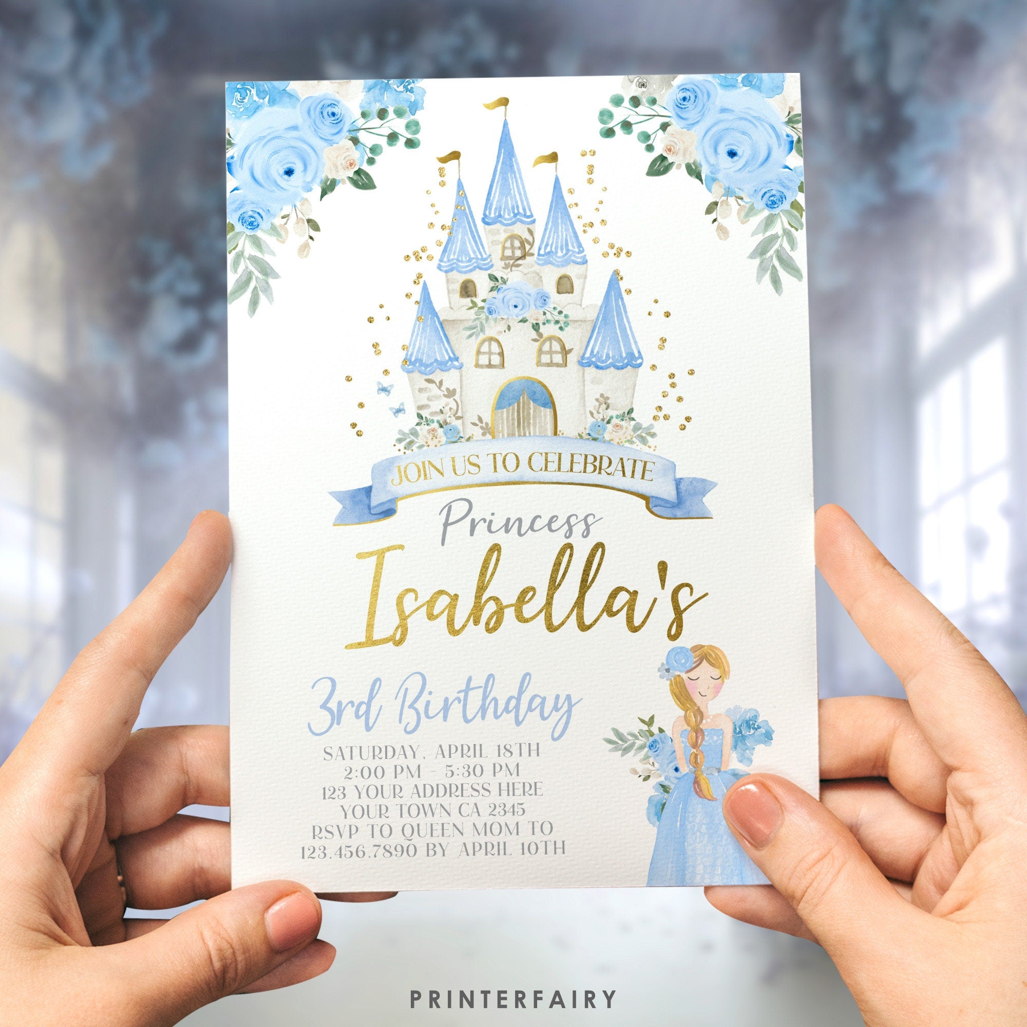 Princess Castle Birthay Party Digital Editable Printable Invitation, Light Blue and Gold, INSTANT DOWNLOAD