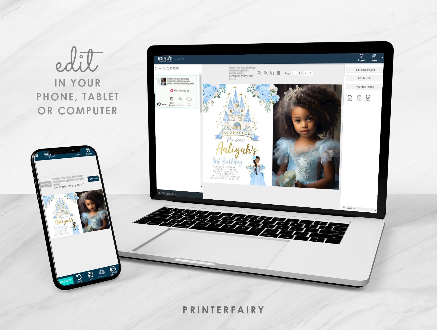 Princess Cinderella Birthday Invitation with Picture Editable template Instant Download