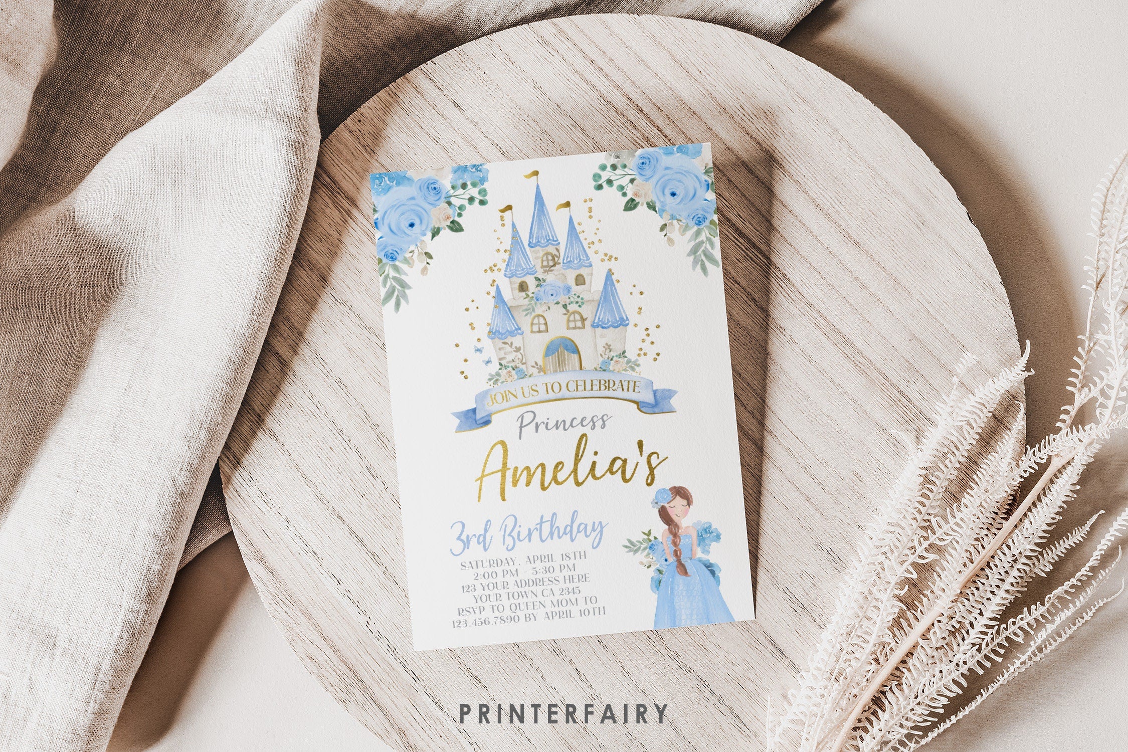 Blue Princess Castle Birthday Invitation, Editable Royal Party (Digital Download)
