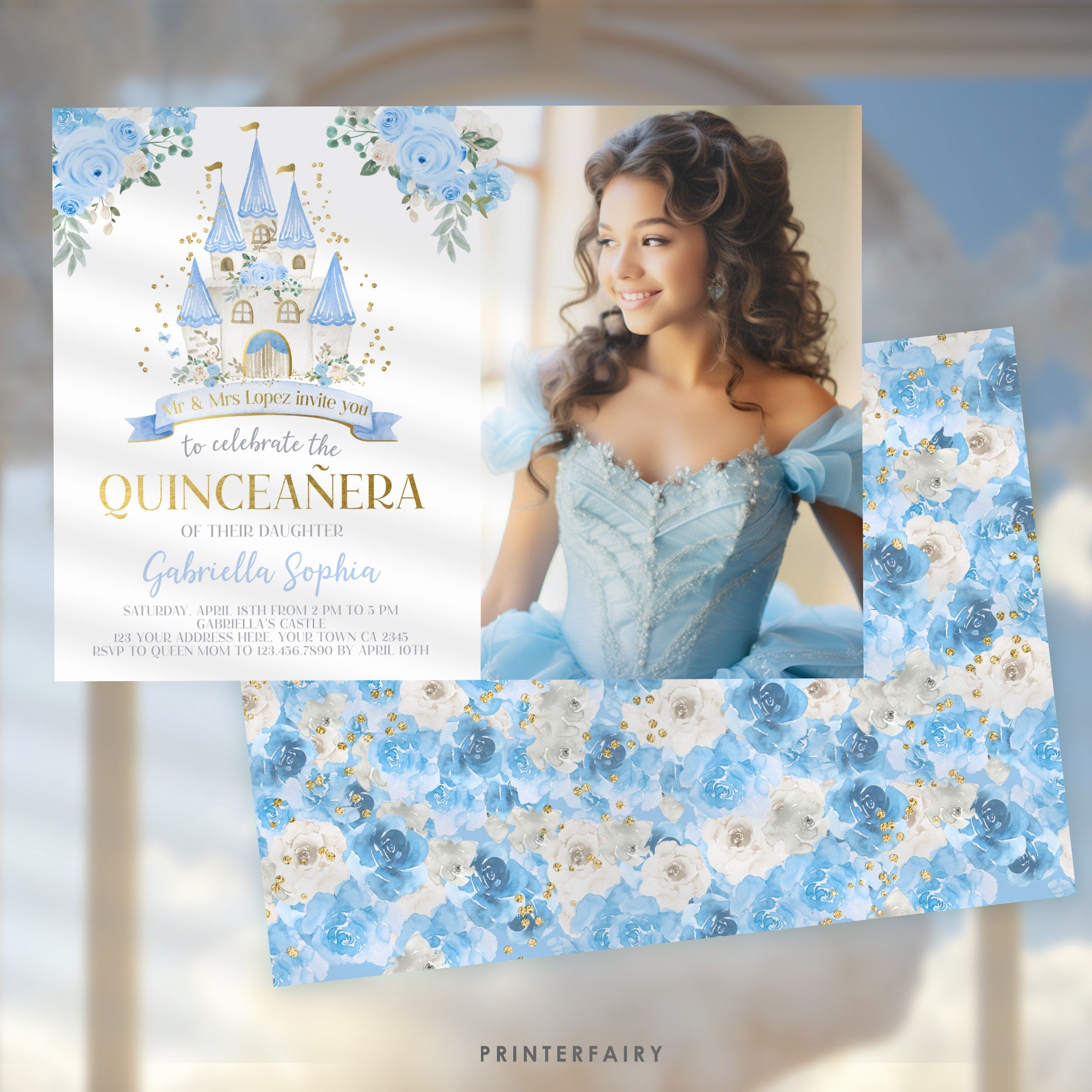 Photo Quinceañera Invitation, Princess Castle Party (Digital Download)