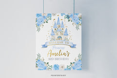Princess Birthday Welcome Sign, Light Blue and Gold Castle (Instant Download)