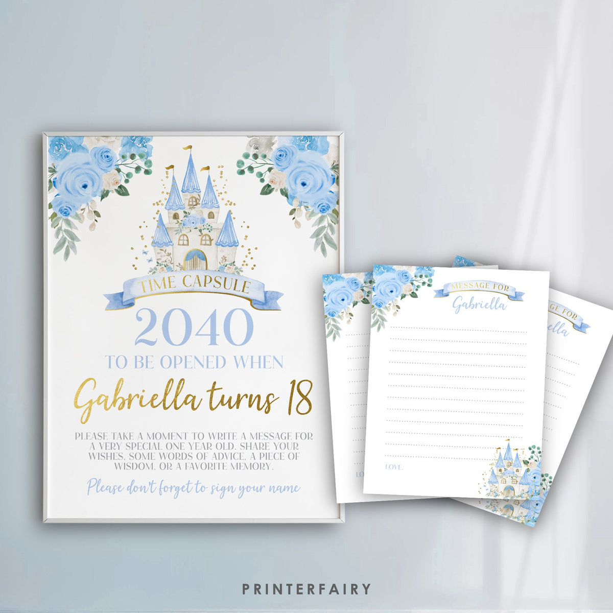 Blue Princess 1st Birthday Time Capsule, Fairytale Keepsake (Editable in Corjl)