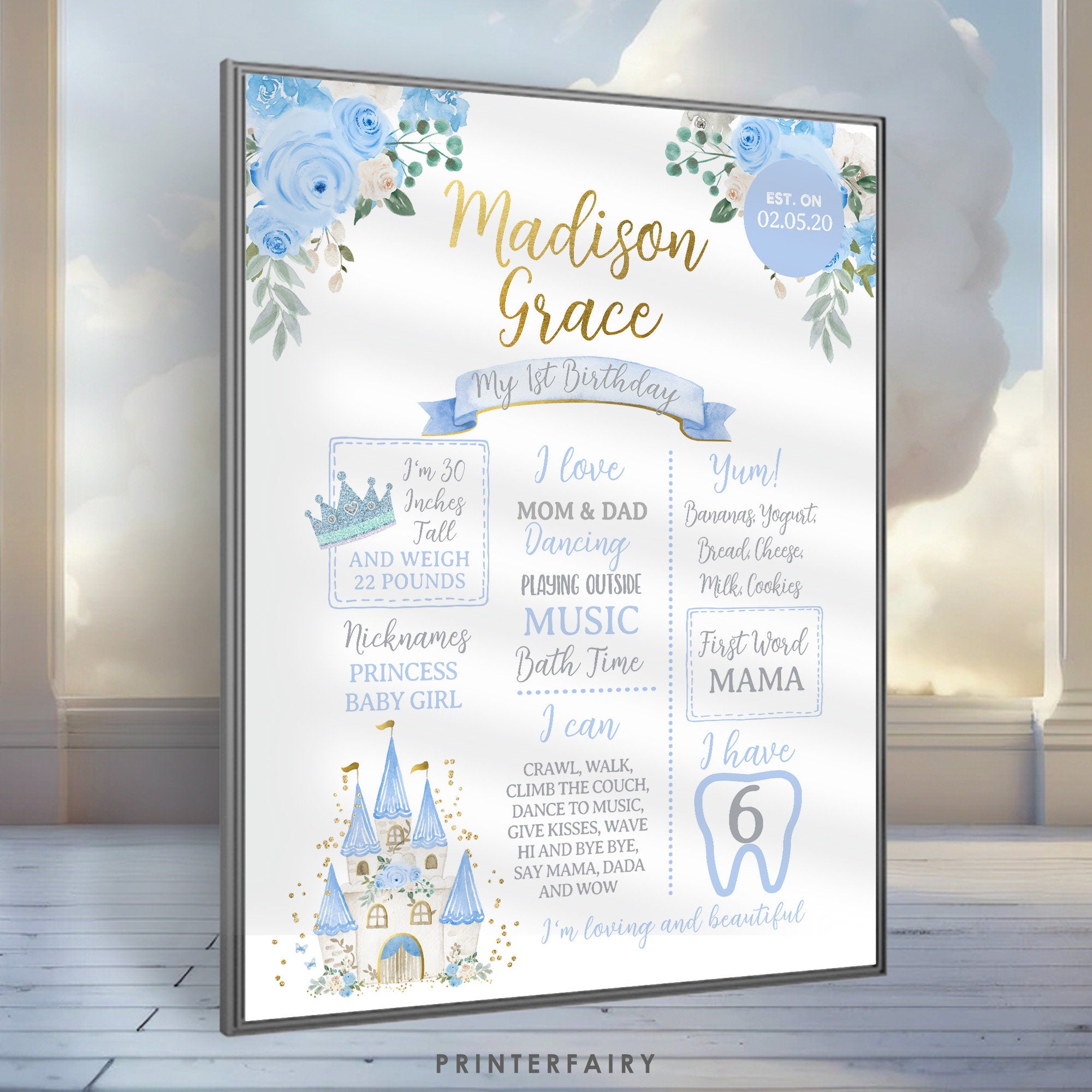 Princess 1st Birthday Board, 1st Year Milestones Poster, Fairytale Party Decor, Editable INSTANT DOWNLOAD