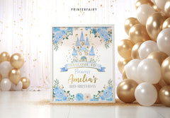 Princess Birthday Welcome Sign, Light Blue and Gold Castle (Instant Download)