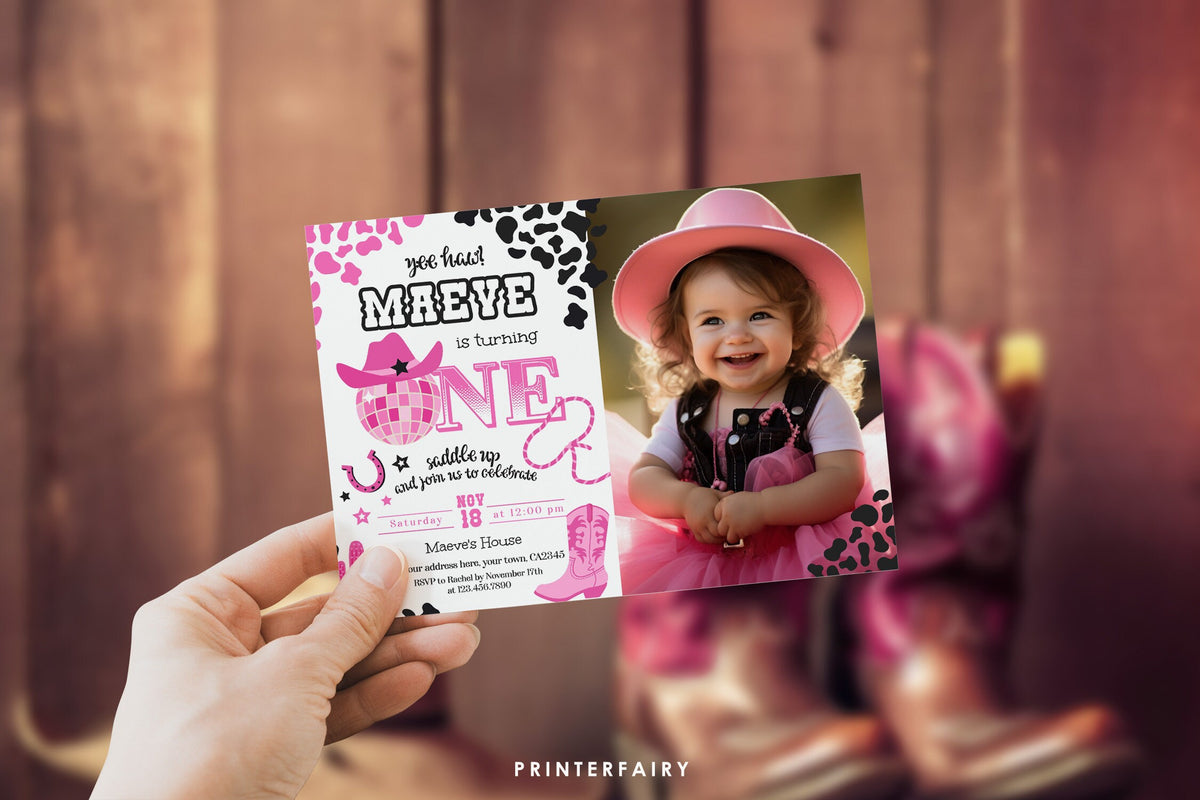 Disco Cowgirl 1st Birthday Photo Invitation, Editable Party Invite (Digital Download)