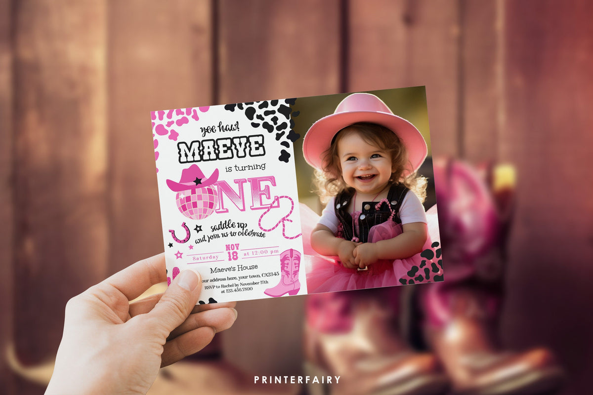 Disco Cowgirl 1st Birthday Photo Invitation, Editable Party Invite (Digital Download)