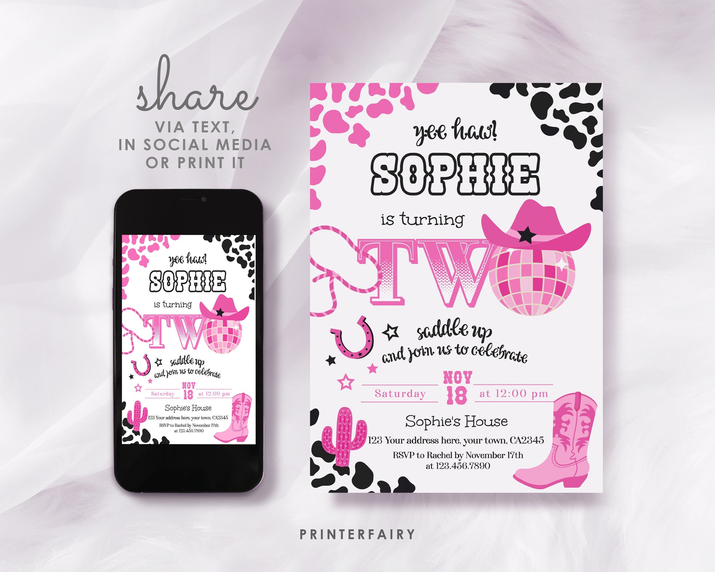 Disco Cowgirl 2nd Birthday Invitation, Editable Party Invite (Digital Download)