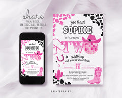 Disco Cowgirl 2nd Birthday Invitation, Editable Party Invite (Digital Download)
