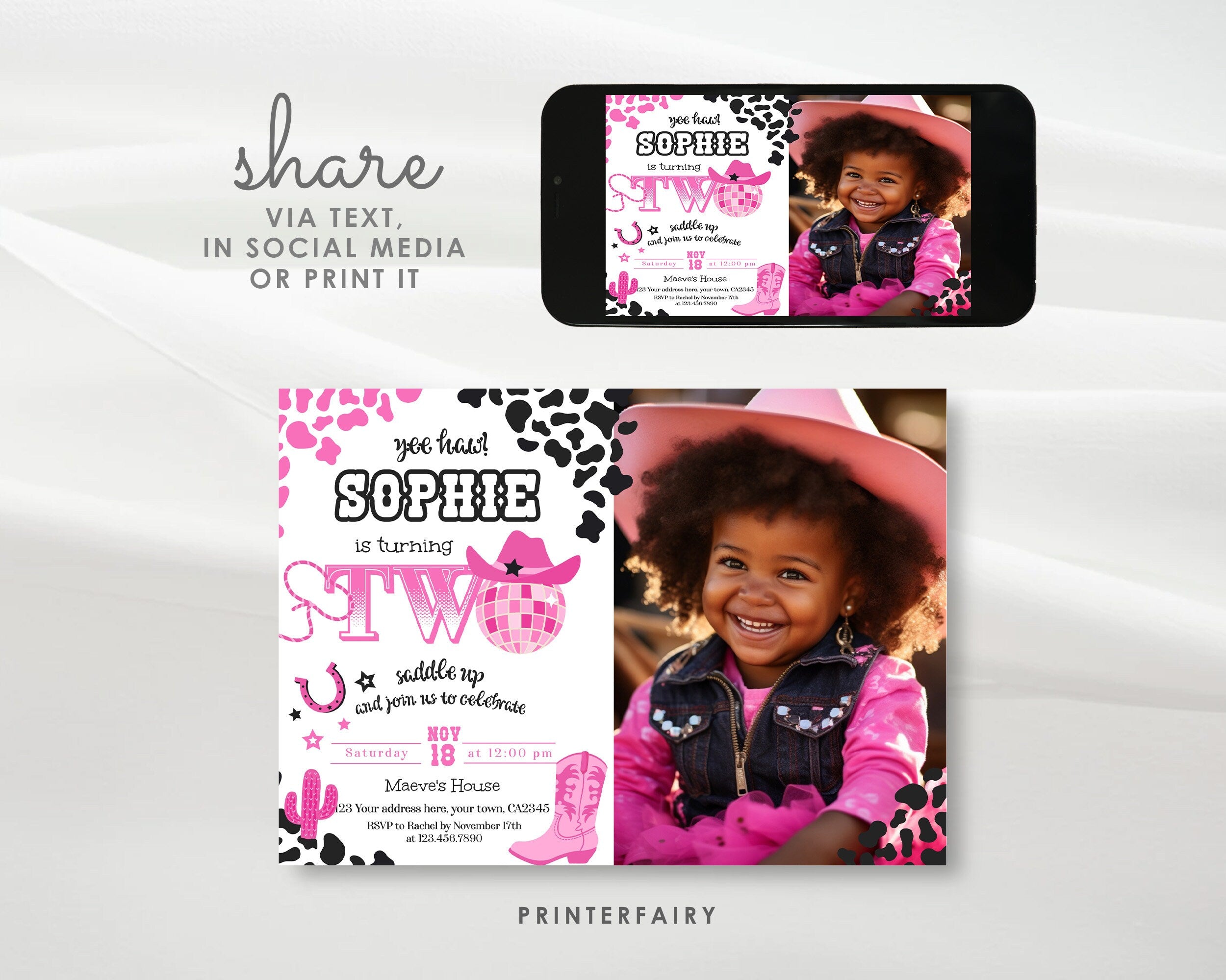 Cowgirl Disco 2nd Birthday Invitation with Photo (Digital)