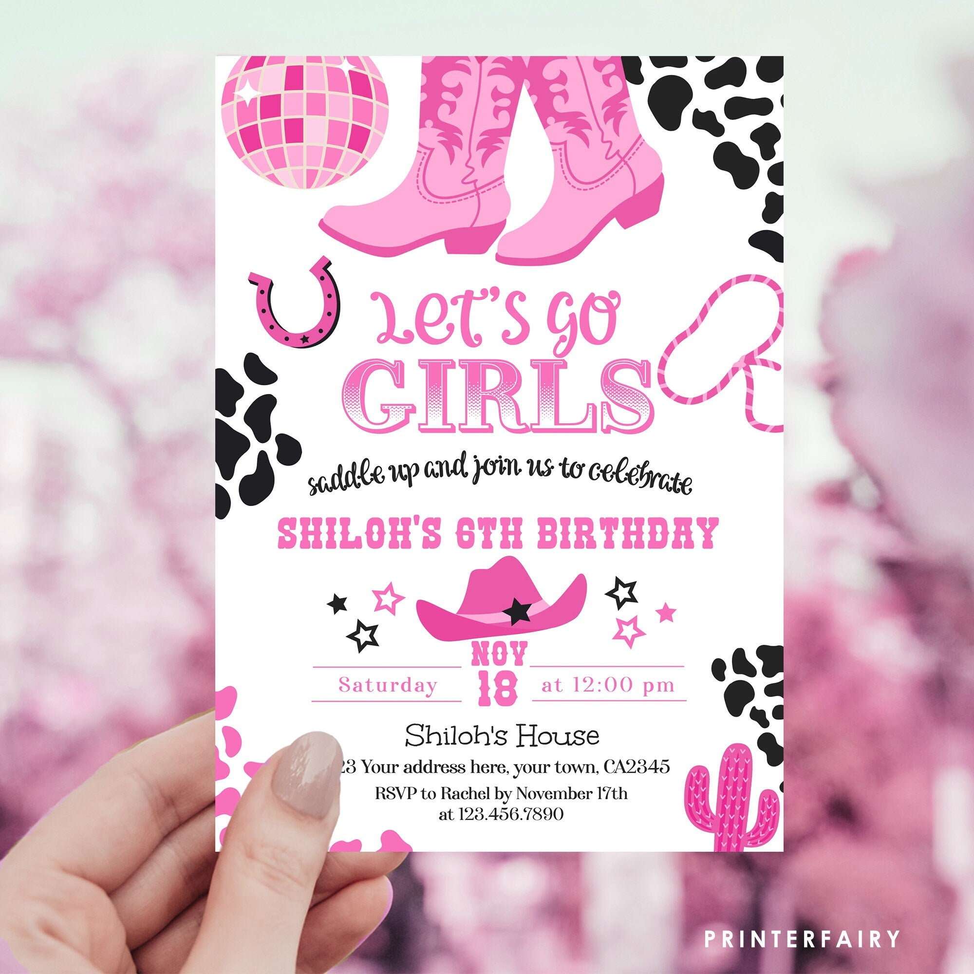 Editable Disco Cowgirl Birthday Invitation, Rhinestone Boots (Digital Item)