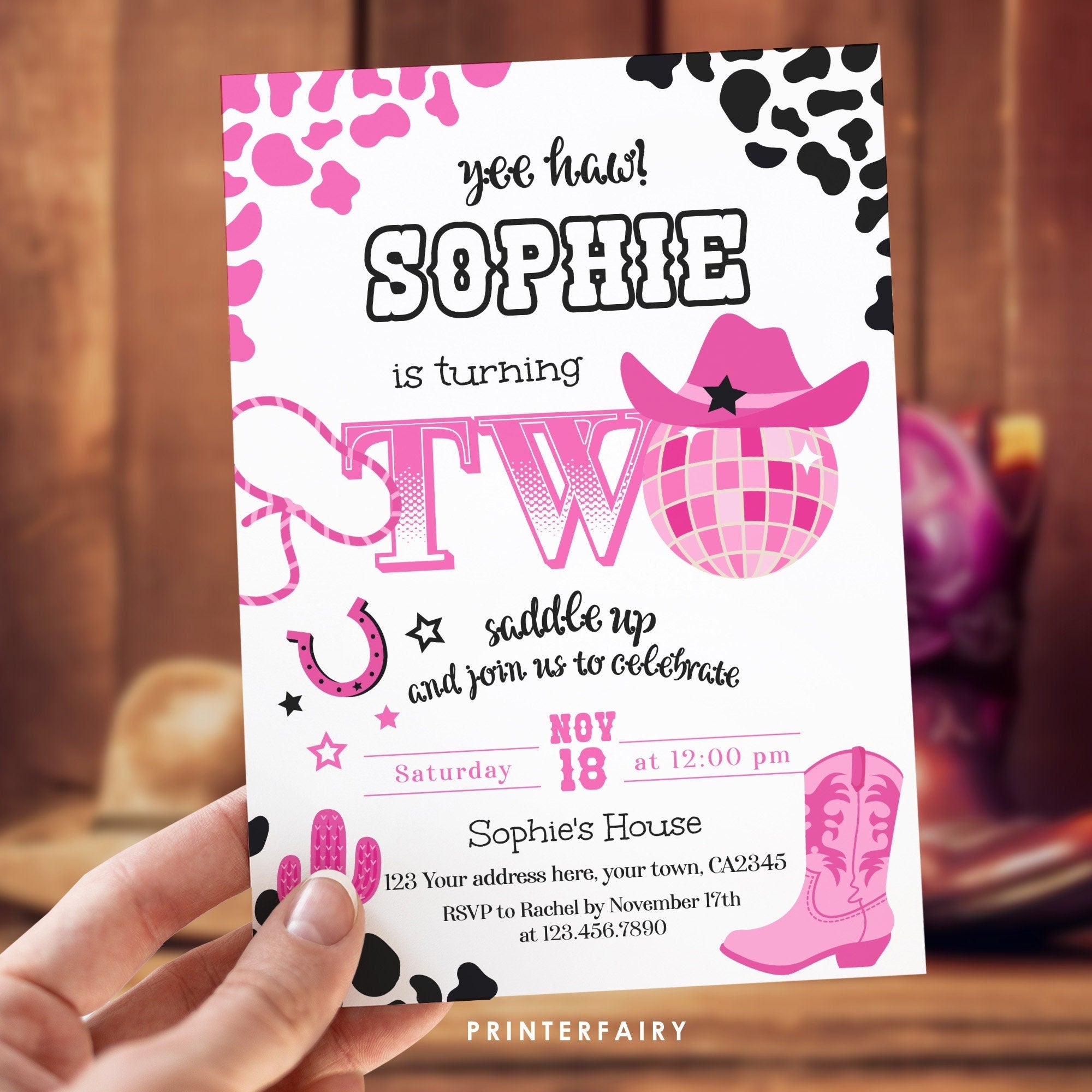 Disco Cowgirl 2nd Birthday Invitation, Editable Party Invite (Digital Download)