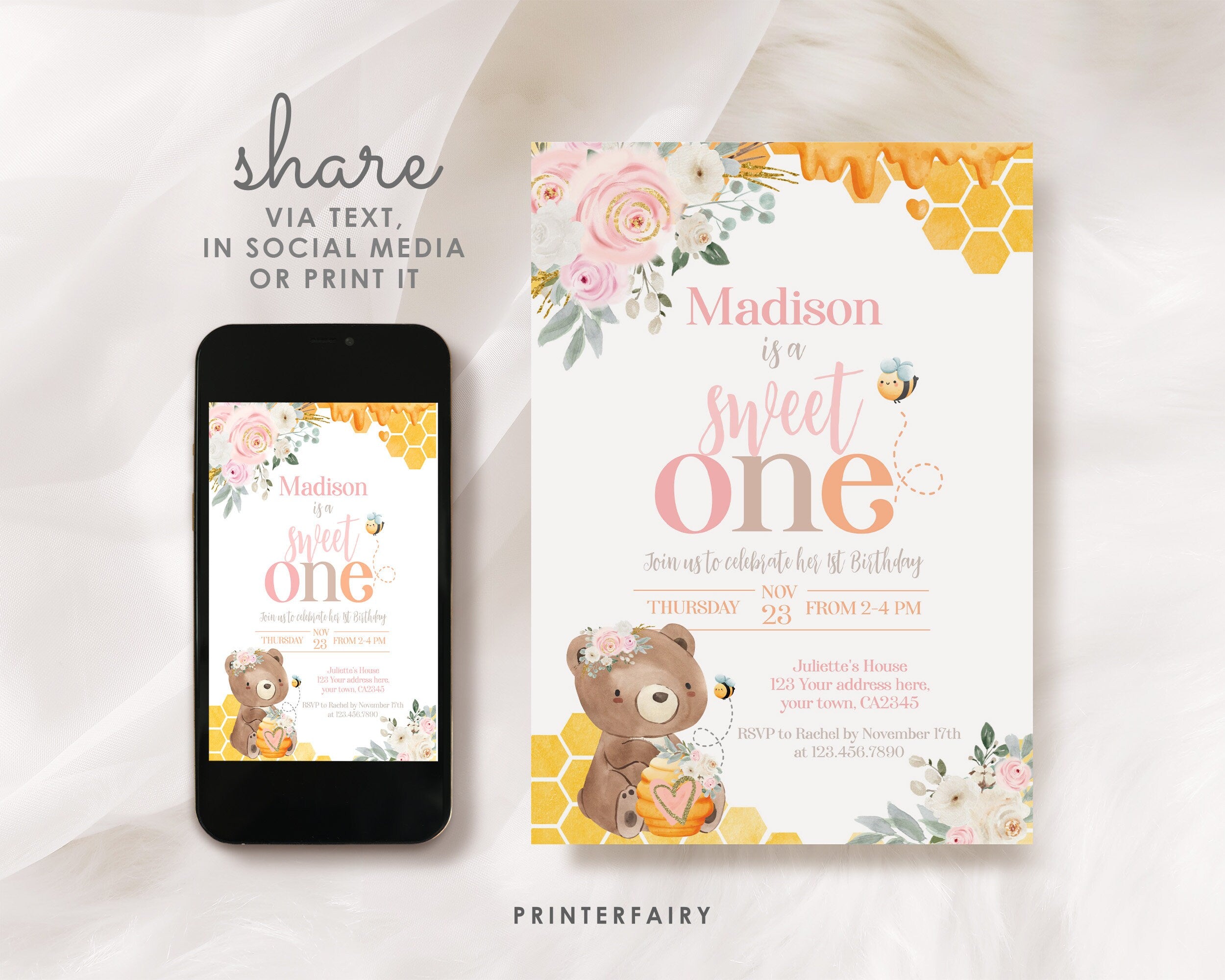 Bear Bee First Birthday Invitation, Honeycomb, Editable (Digital Download)