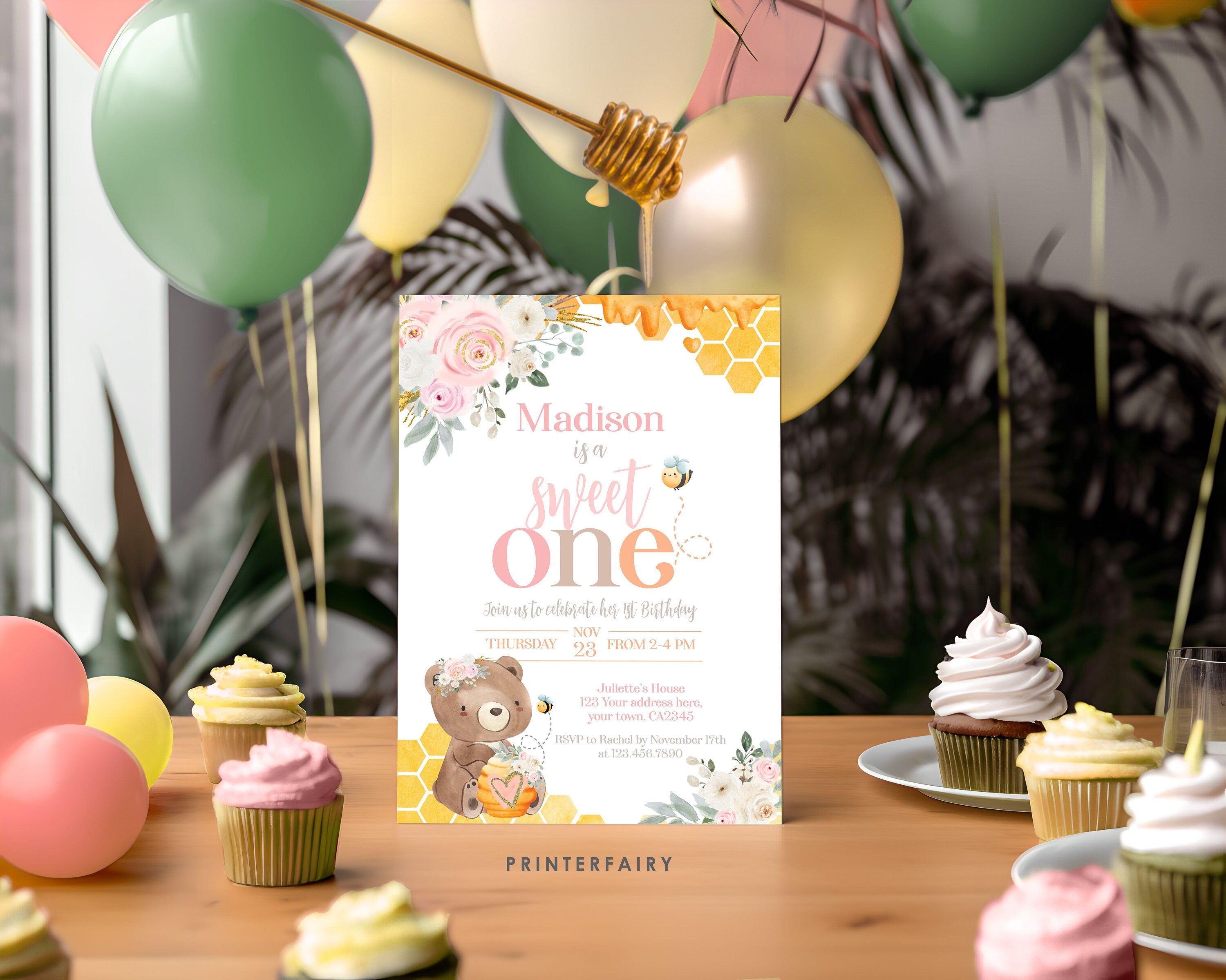Bear Bee First Birthday Invitation, Honeycomb, Editable (Digital Download)
