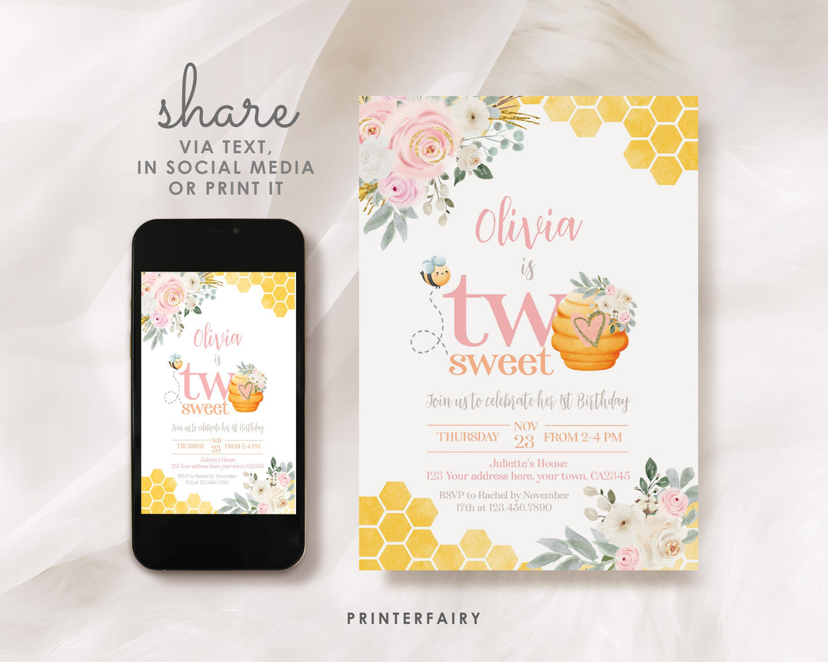Two Sweet Bee Birthday Invitation, Honeycomb, Editable (Corjl)