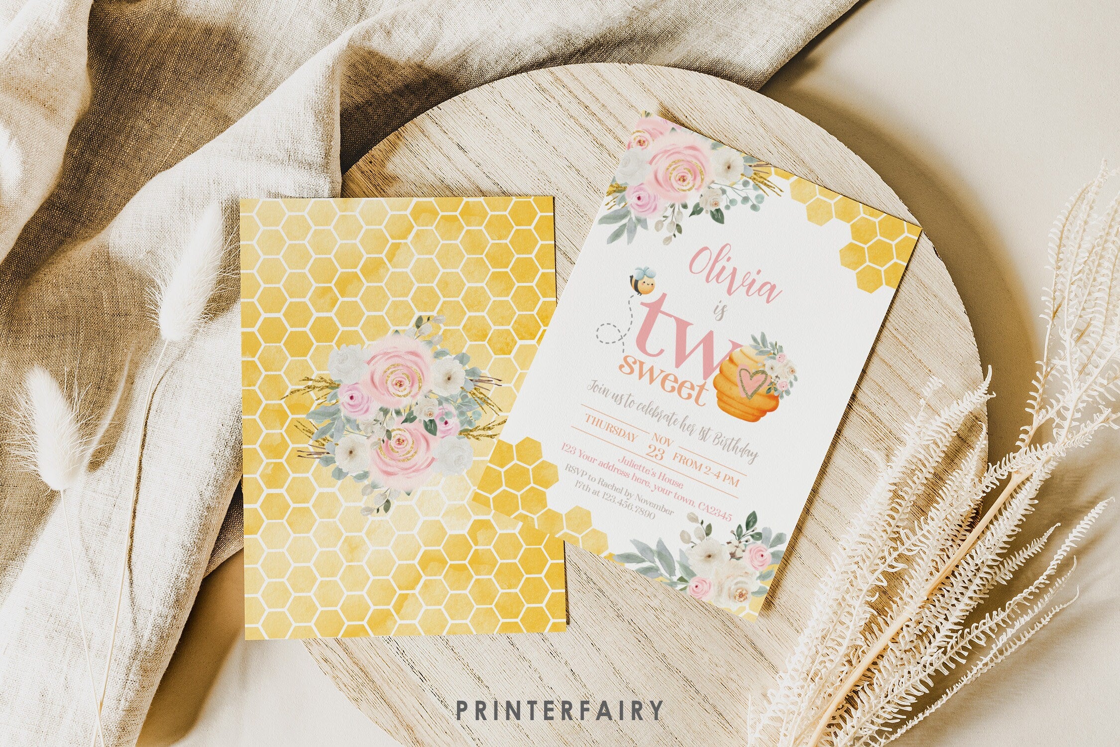 Two Sweet Bee Birthday Invitation, Honeycomb, Editable (Corjl)