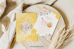 Two Sweet Bee Birthday Invitation, Honeycomb, Editable (Corjl)