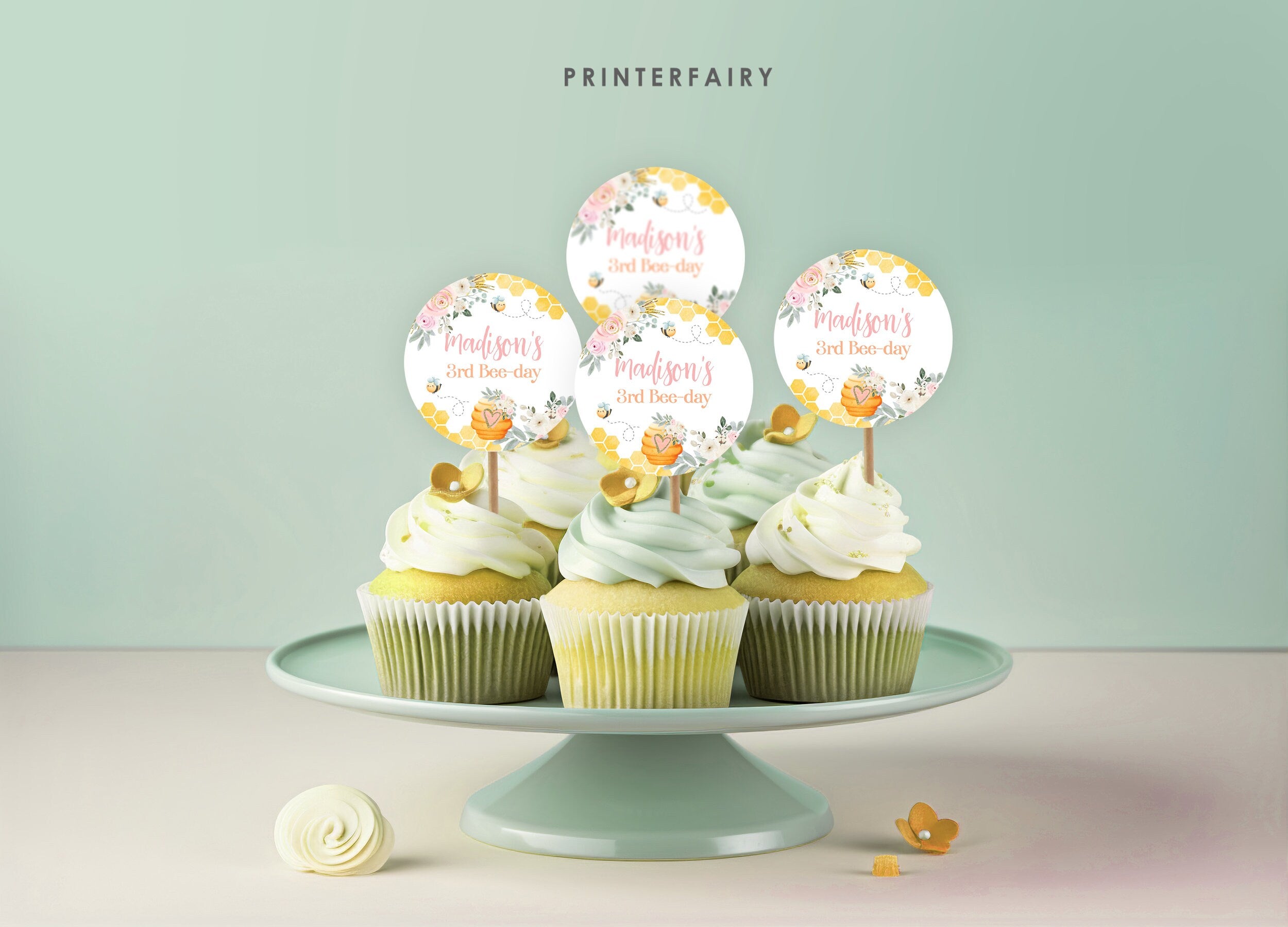 Editable Bee Cupcake Toppers, Honeycomb Birthday (Instant Download)