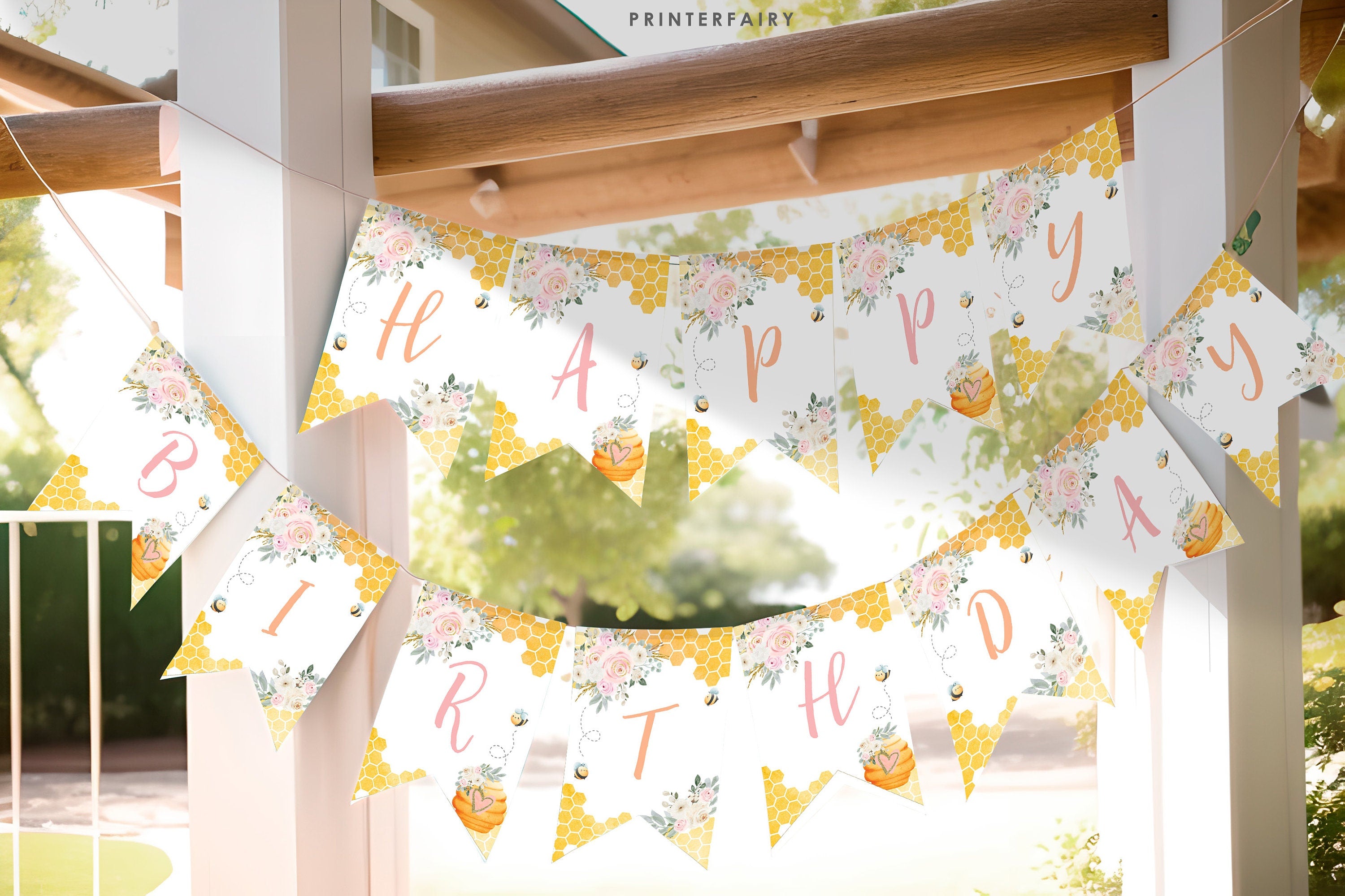 Editable Bee Happy Birthday Banner, Honeycomb Garland (Instant Download)
