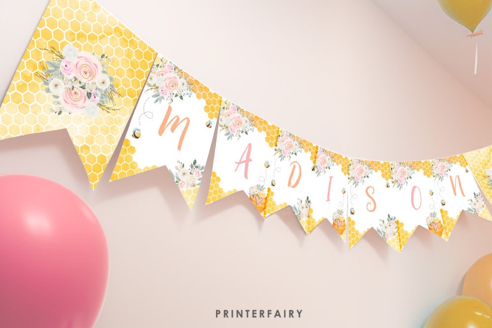 Editable Bee Happy Birthday Banner, Honeycomb Garland (Instant Download)