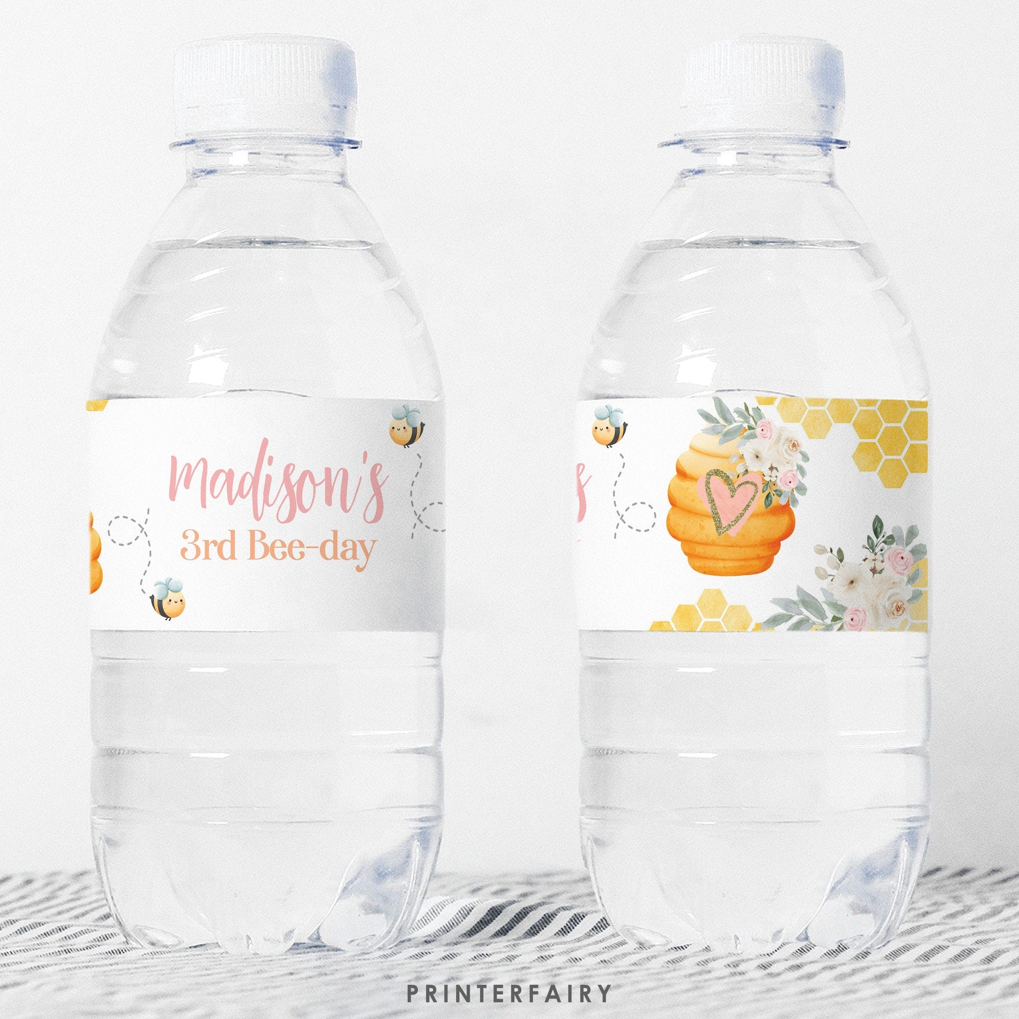 Editable Bee Water Bottle Label, Honeycomb Birthday Party (Digital Download)