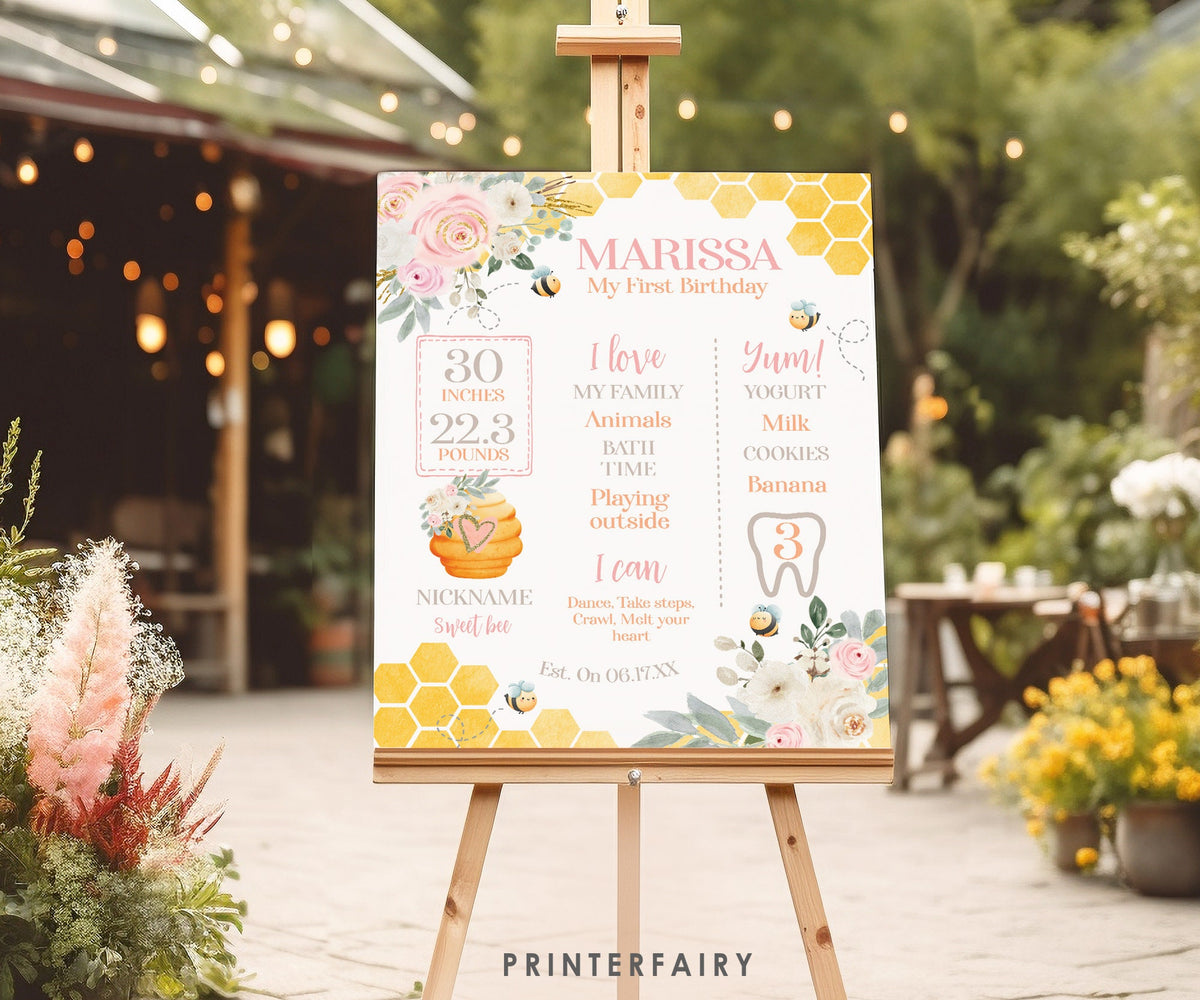 Editable Bee First Birthday Milestone Board, Honeycomb Design (Digital Download)