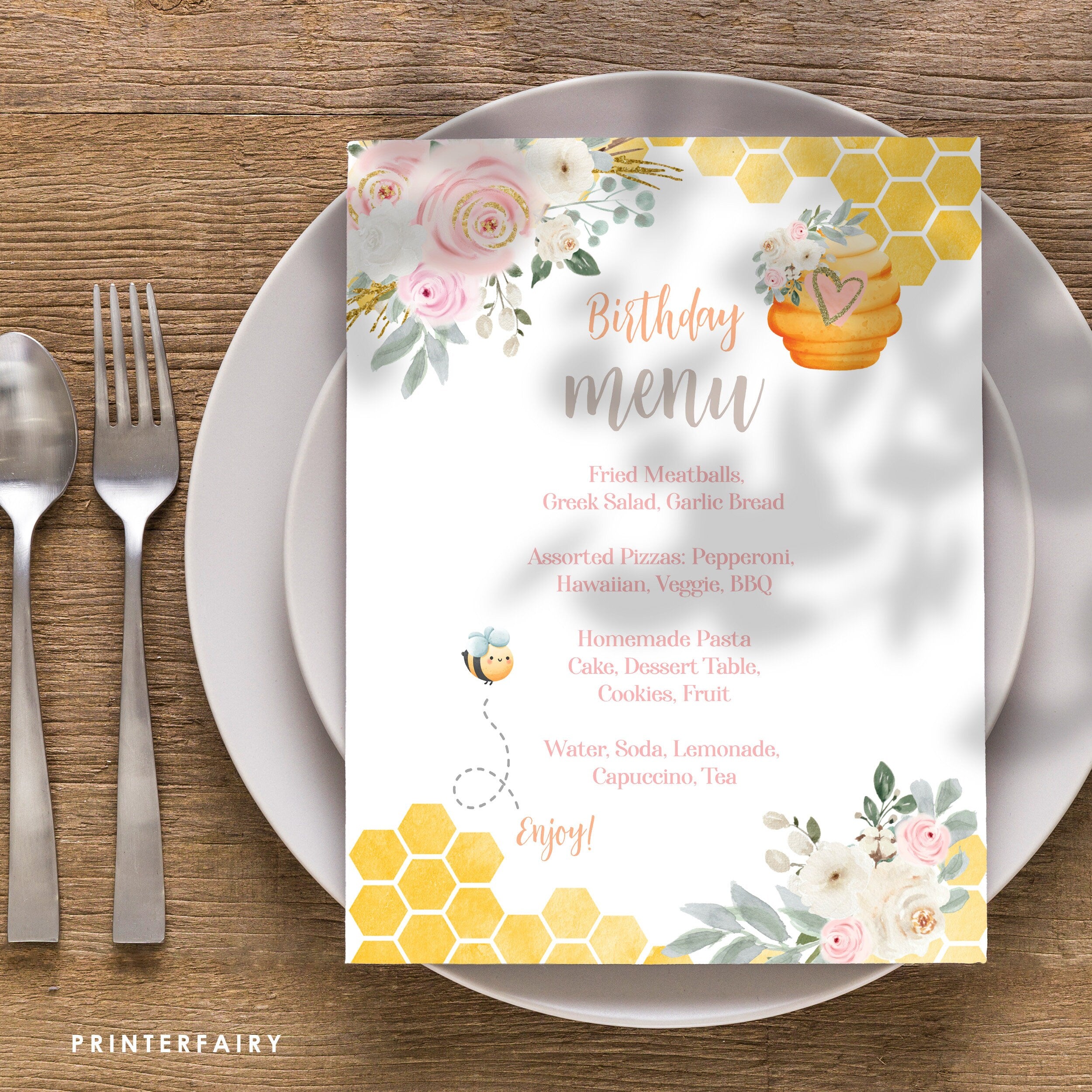 Bee Birthday Menu, Honeycomb Design, Editable Food Table Sign (Digital Download)
