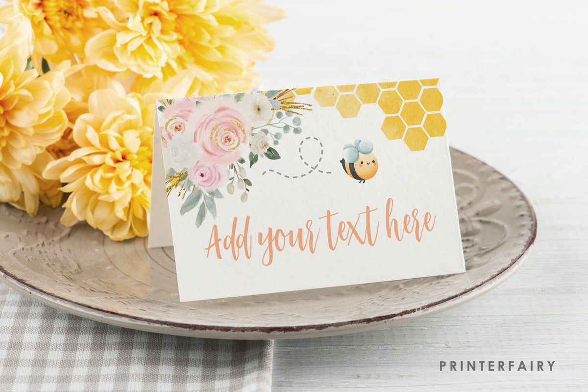 Editable Bee Birthday Food Tents, Honeycomb Place Cards (Digital Download)