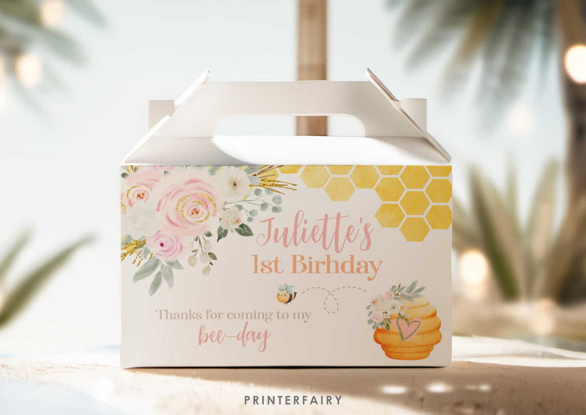 Bee 1st Birthday Gable Box Label, Editable Honeycomb Party Favor (Digital Download)