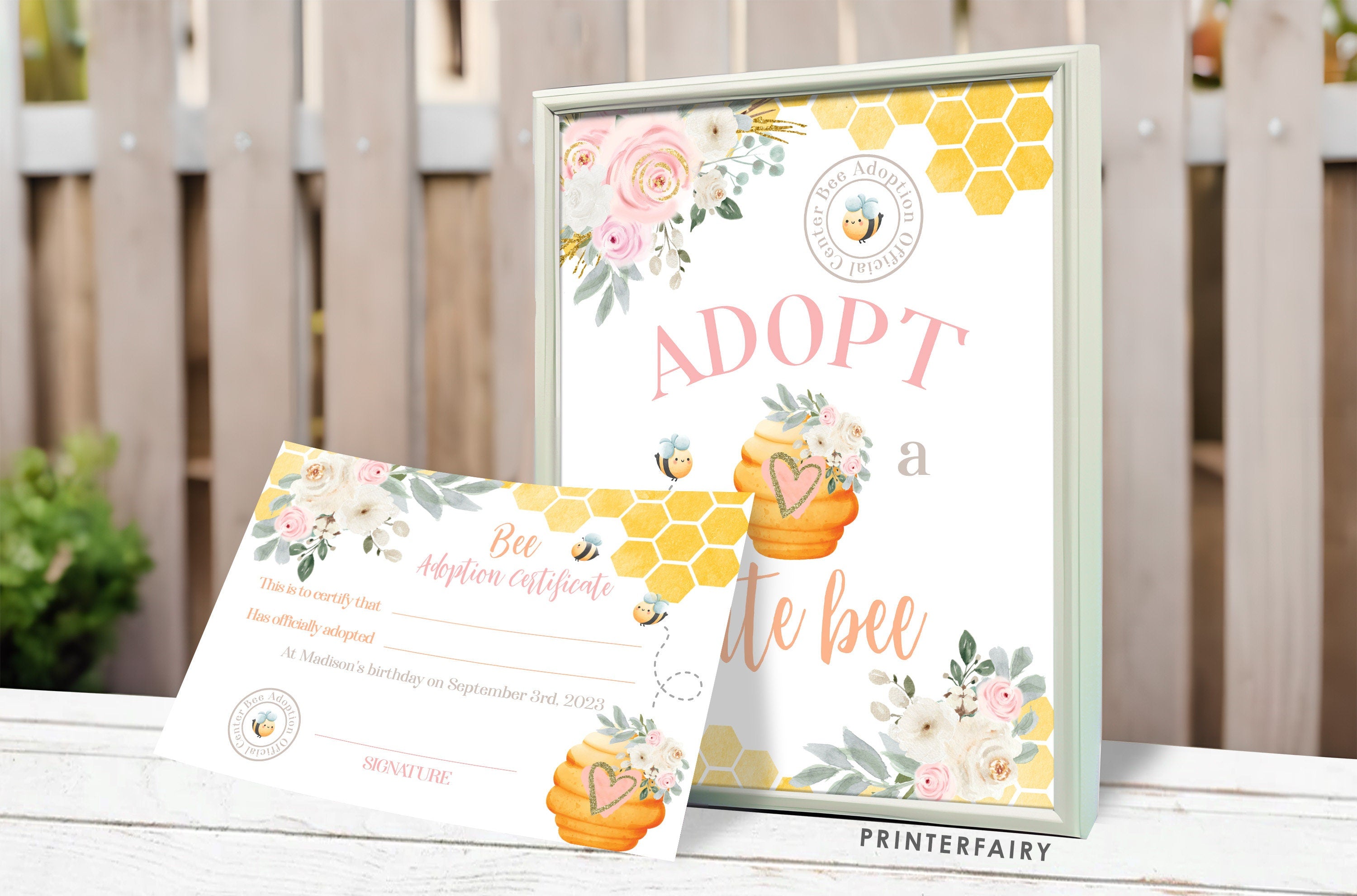 Adopt a Bee Sign and Certificate, Pet Adoption Party Printables (Digital Download)