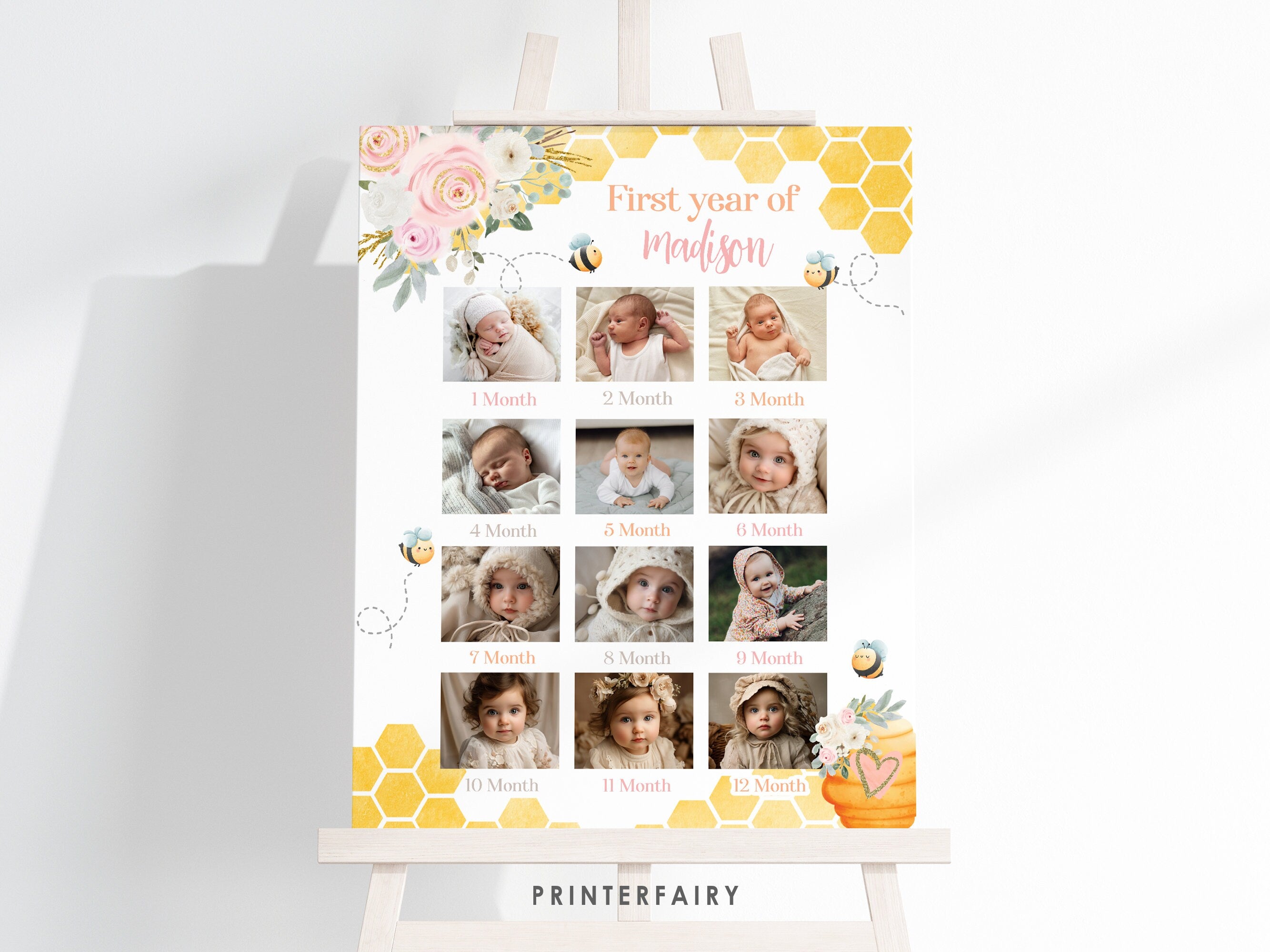 Bee 1st Birthday Photo Board, Honeycomb Design (Digital Download)