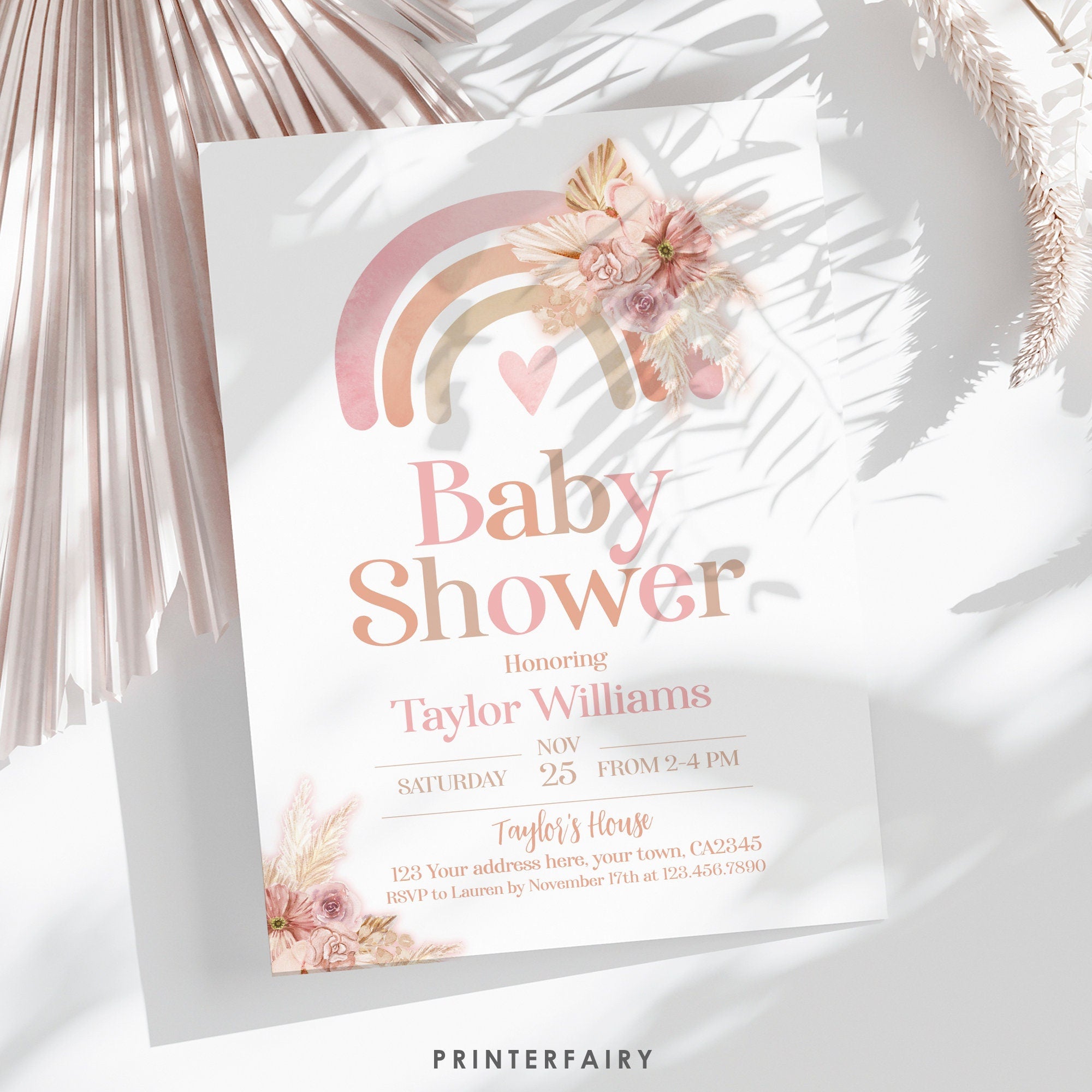 Boho Rainbow Baby Shower Invitation, Pastel Watercolor (Digital Download)