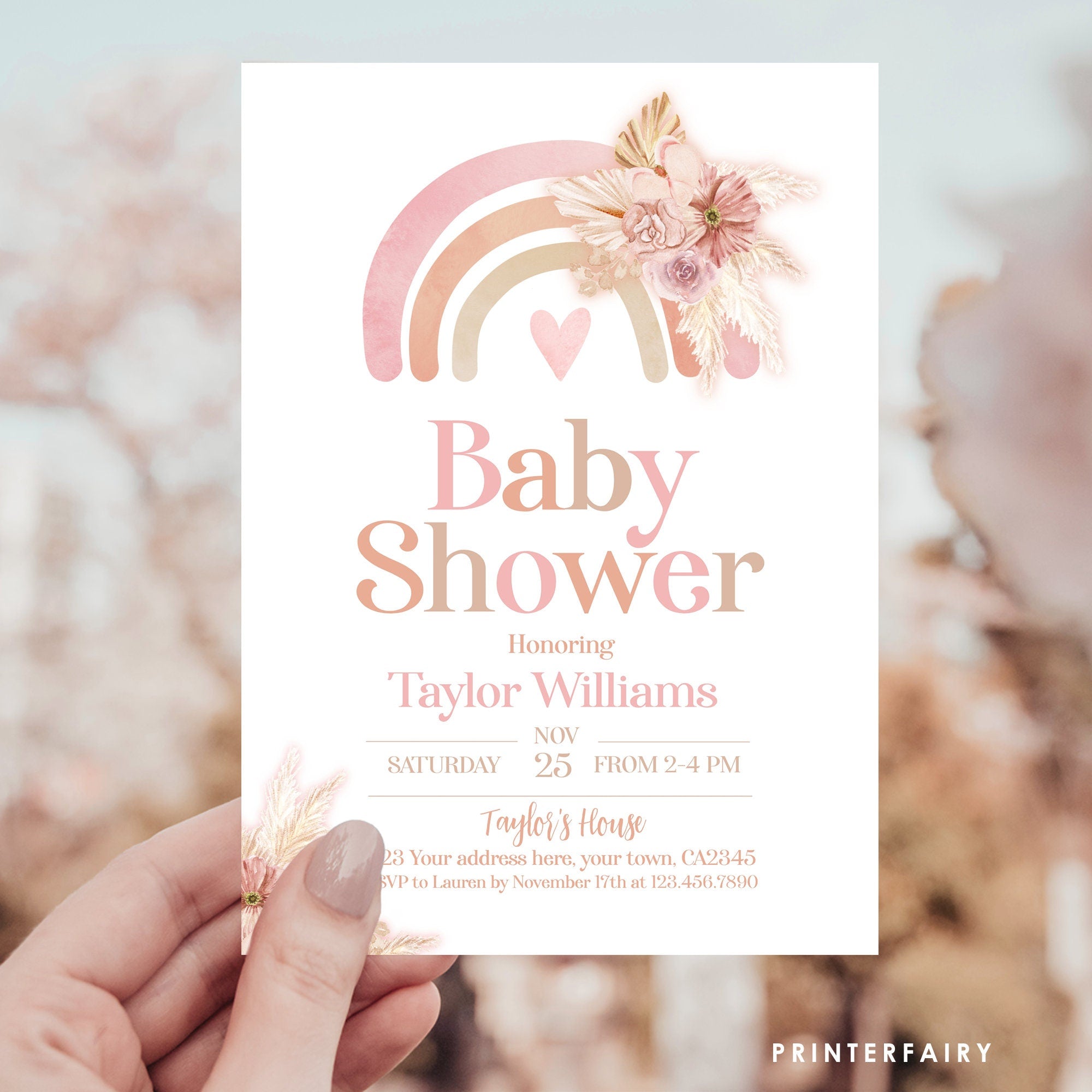 Boho Rainbow Baby Shower Invitation, Pastel Watercolor (Digital Download)