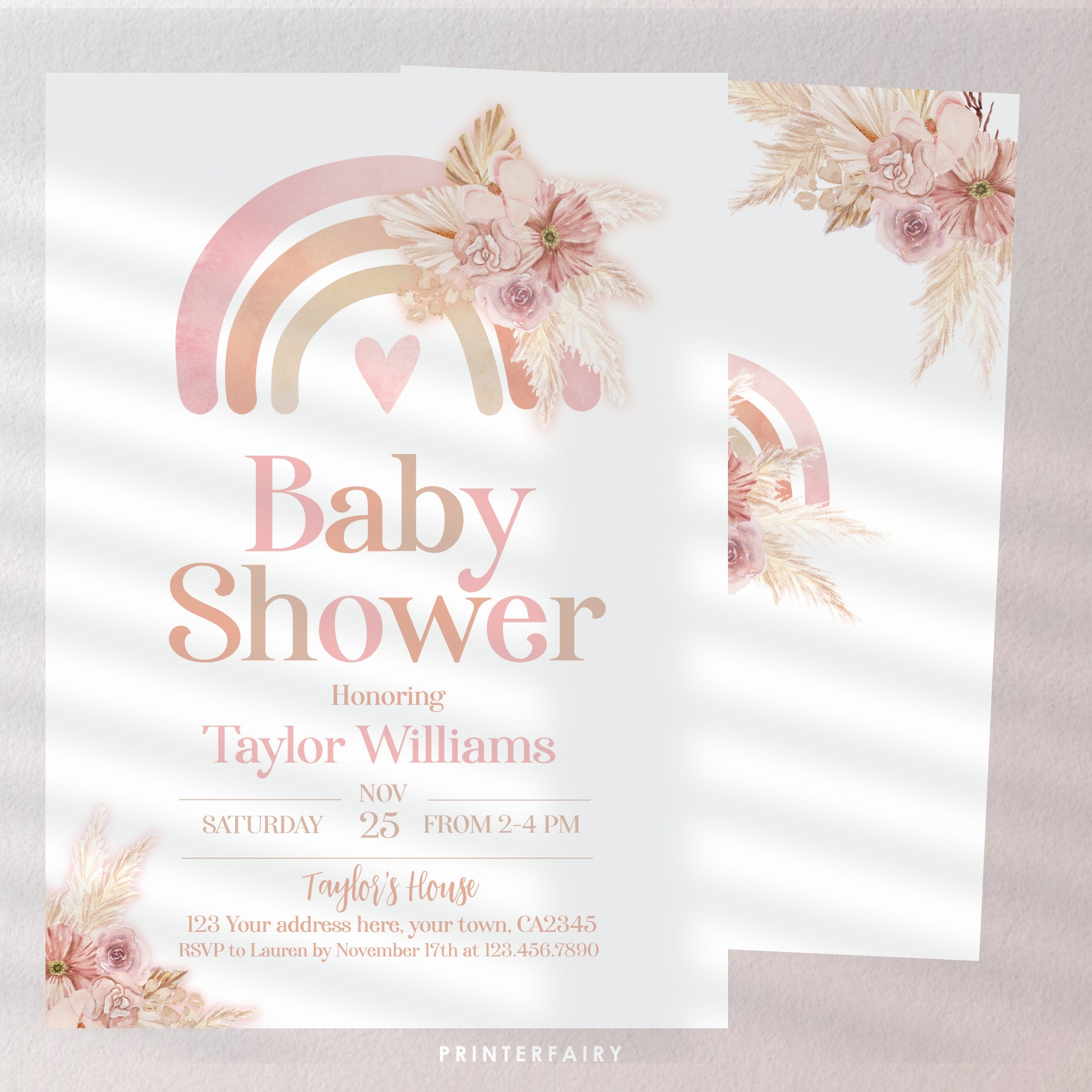 Boho Rainbow Baby Shower Invitation, Pastel Watercolor (Digital Download)
