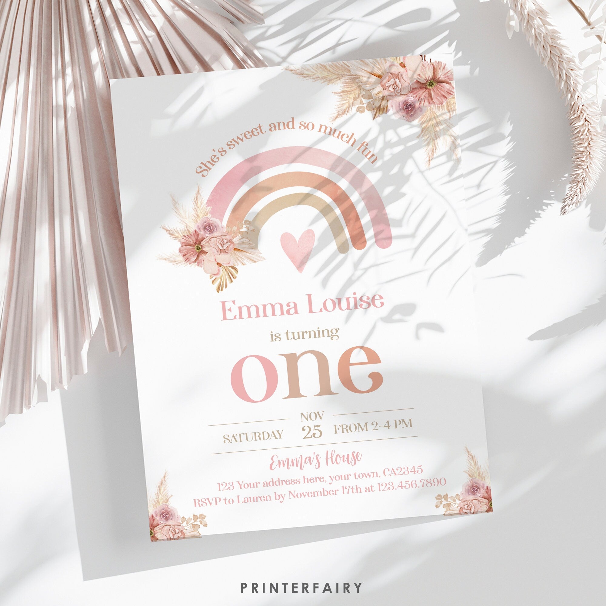 Editable Boho Rainbow First Birthday Invitation, Pastel Watercolor (Digital Item)