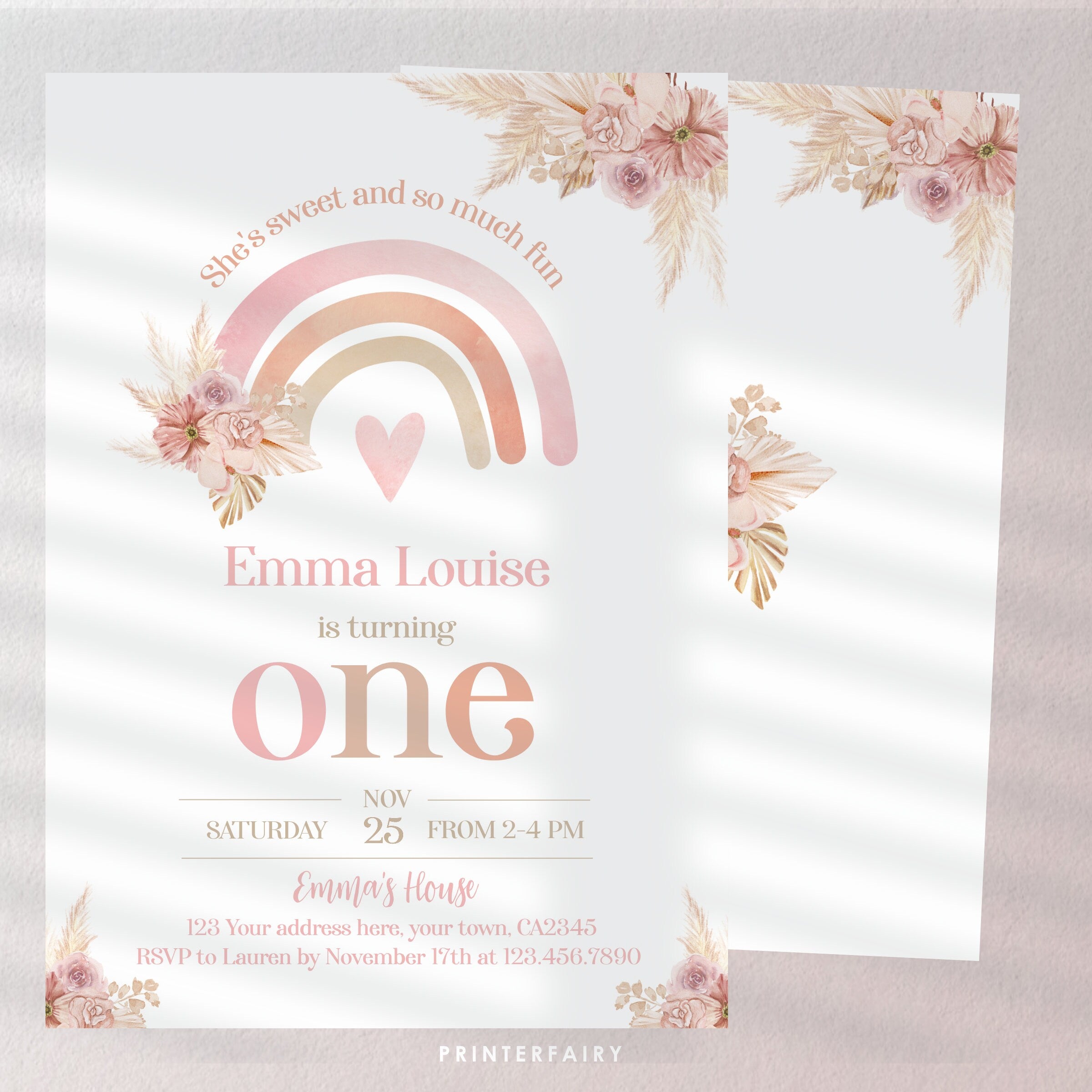 Editable Boho Rainbow First Birthday Invitation, Pastel Watercolor (Digital Item)