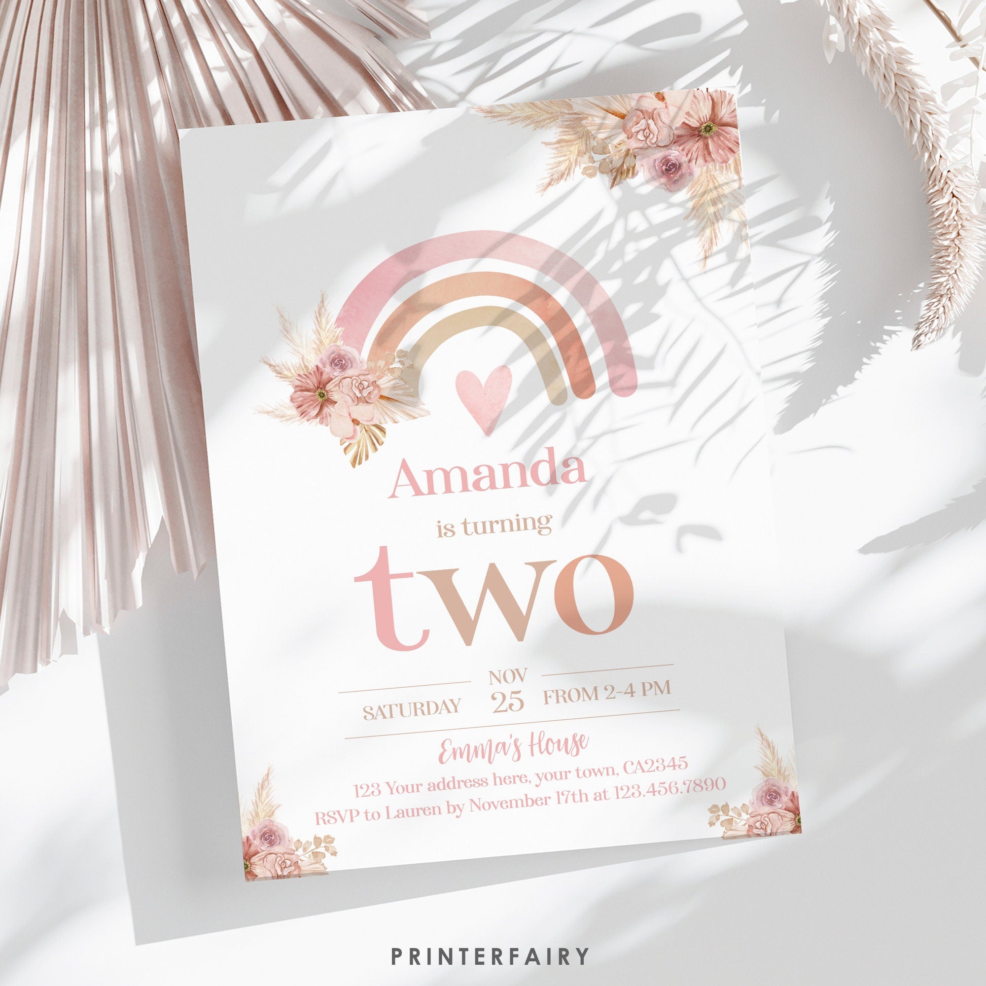 Boho Rainbow 2nd Birthday Invitation, Pastel Watercolor (Editable in Corjl)