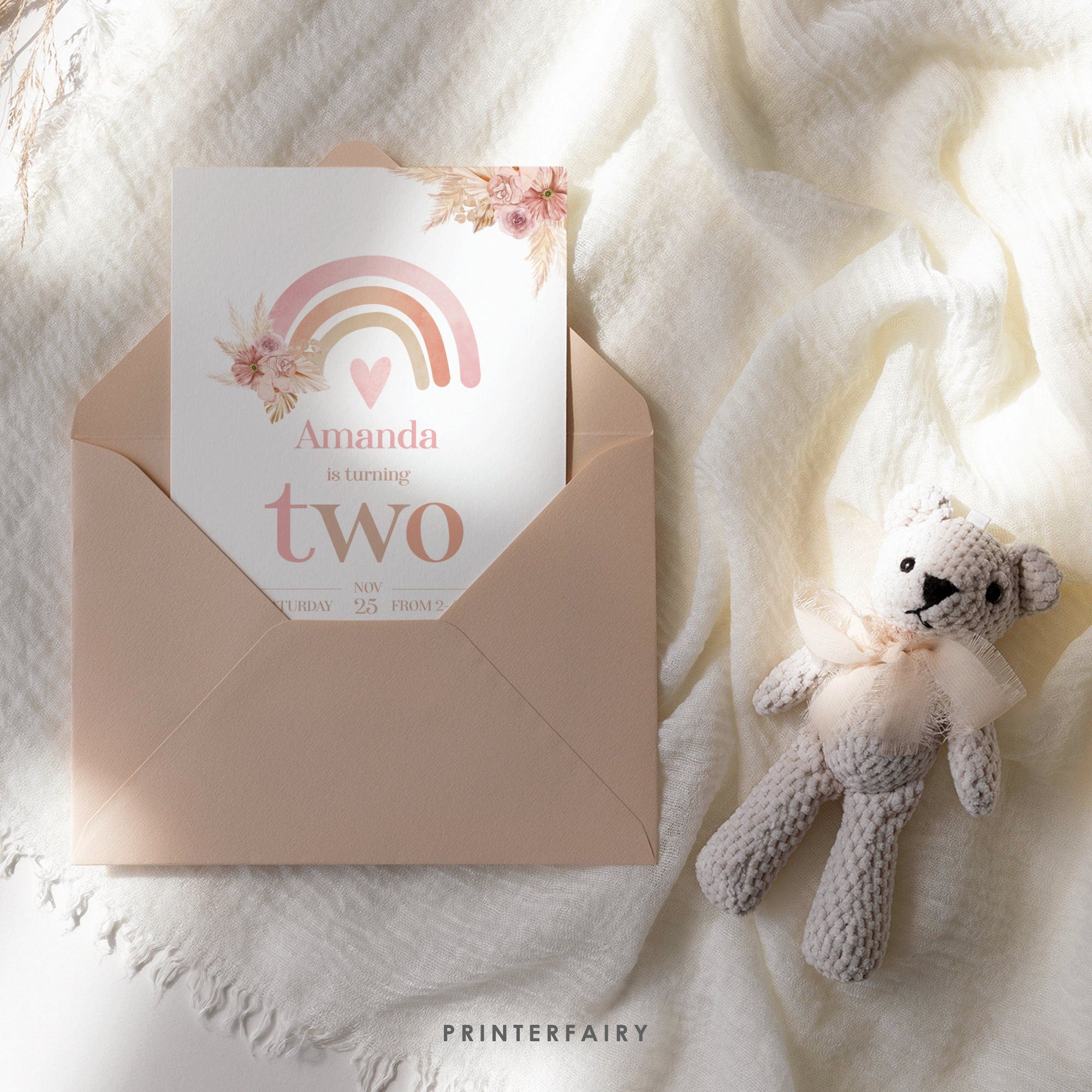 Boho Rainbow 2nd Birthday Invitation, Pastel Watercolor (Editable in Corjl)